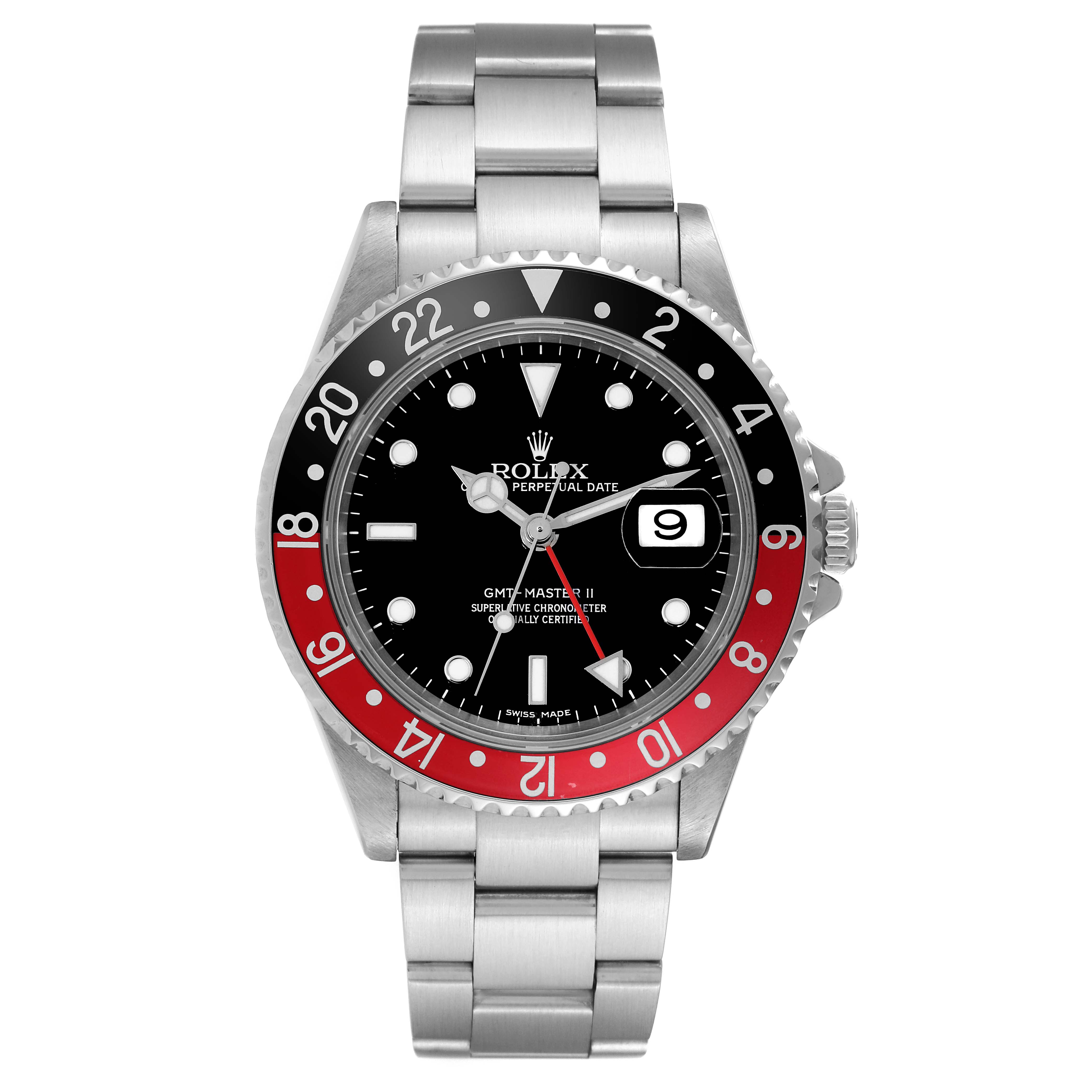 This image shows a front view of the Rolex GMT-Master 16710 Men's Stainless Steel Black Dial 16710 Men's Stainless Steel Black Dial II watch, focusing on its face, bezel, and bracelet.