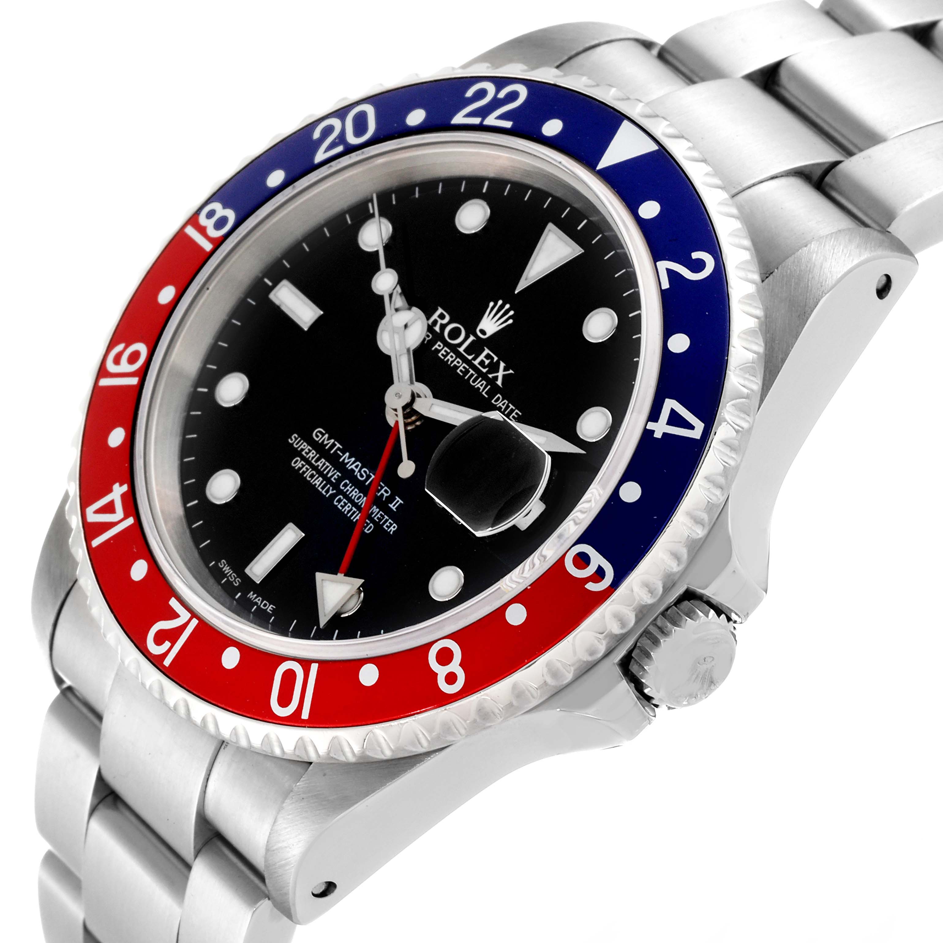 This image of the Rolex GMT-Master 16710 Men
s Stainless Steel Black Dial 16710 Men
s Stainless Steel Black Dial II watch is taken from a three-quarter angle showing the bezel, dial, crown, and bracelet.
