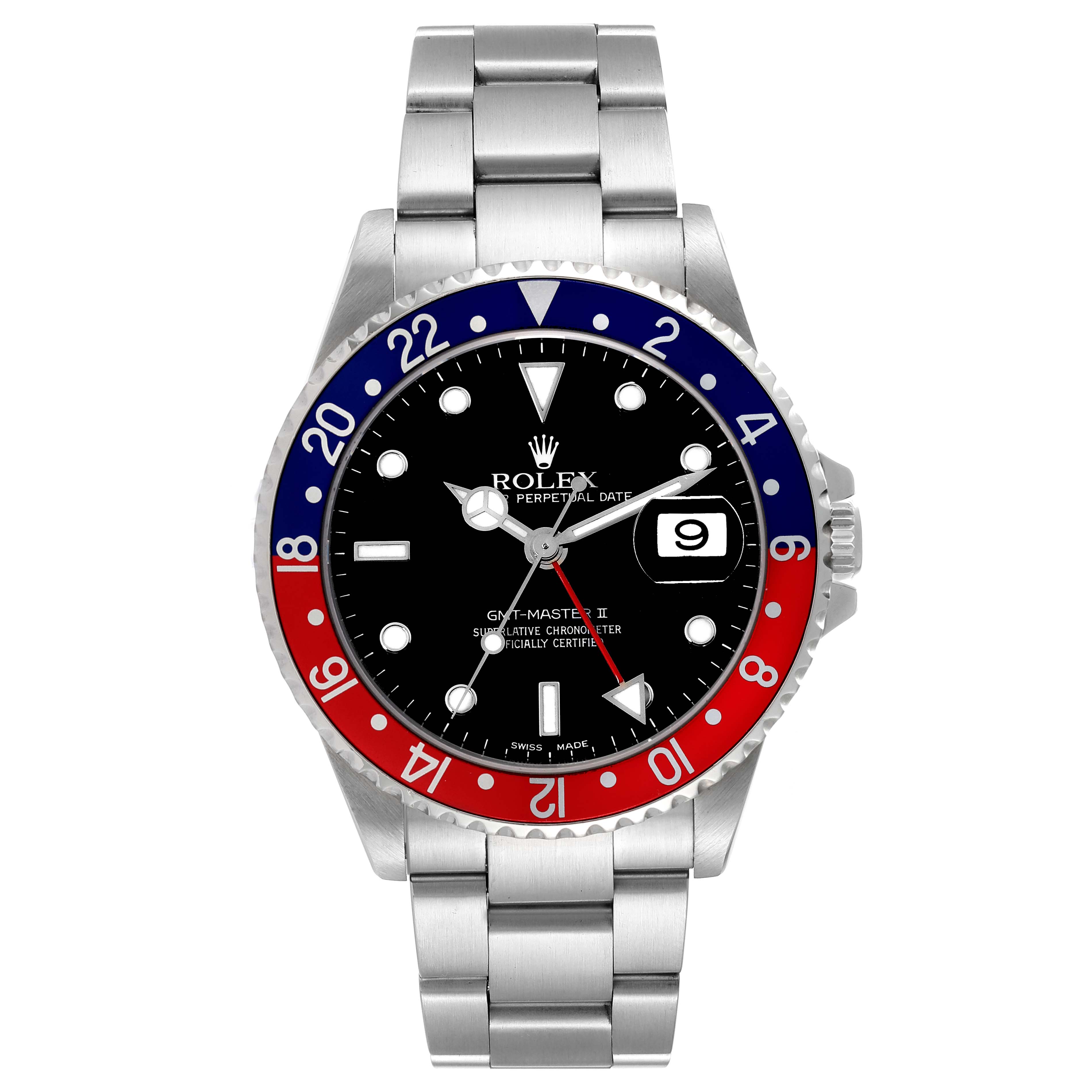 The image shows a Rolex GMT-Master 16710 Men
s Stainless Steel Black Dial 16710 Men
s Stainless Steel Black Dial II watch from the front, displaying the bezel, dial, hands, date window, and bracelet.