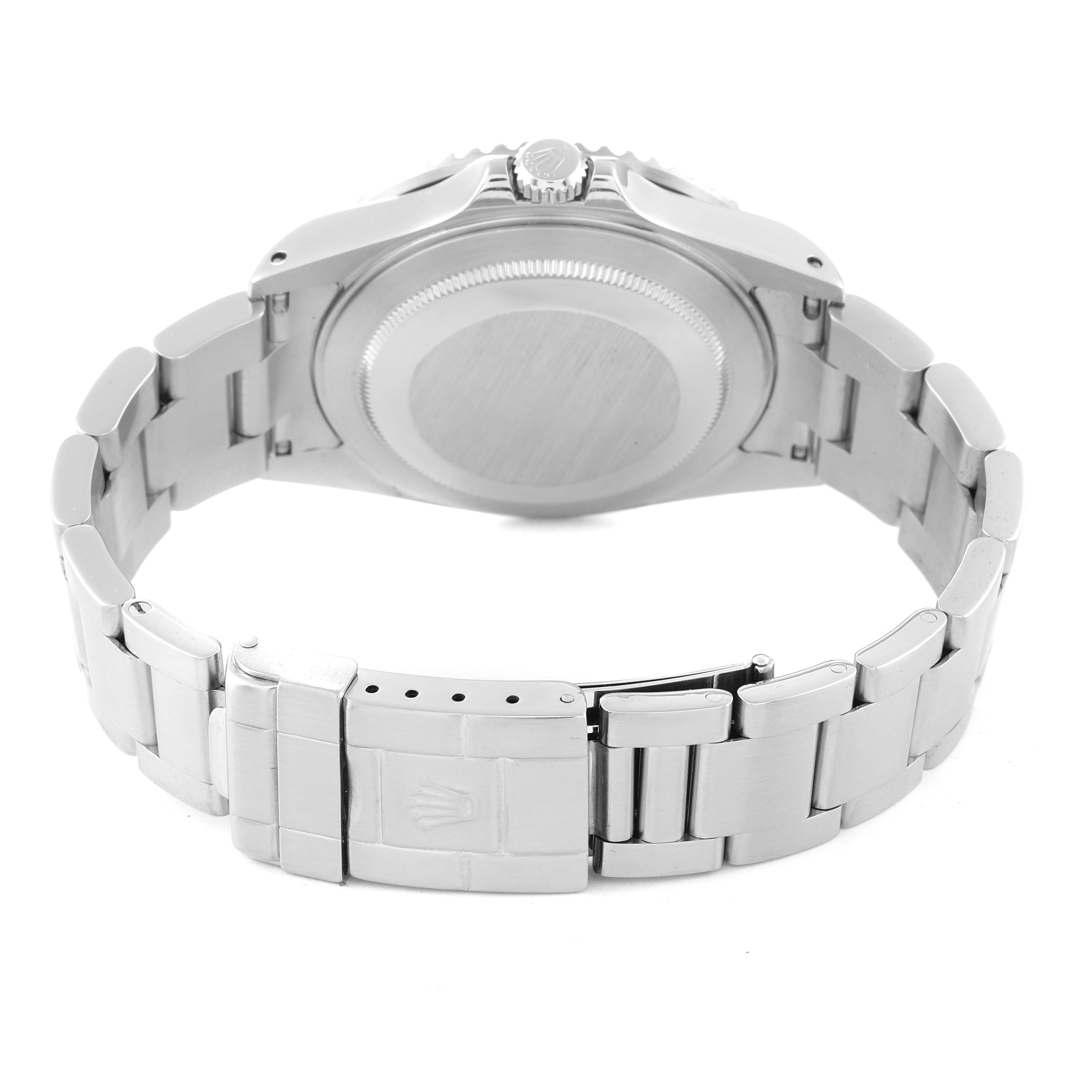 The image shows the back view of the Rolex GMT-Master 16710 Men
s Stainless Steel Black Dial 16710 Men
s Stainless Steel Black Dial watch, highlighting the case back, bracelet, and clasp.