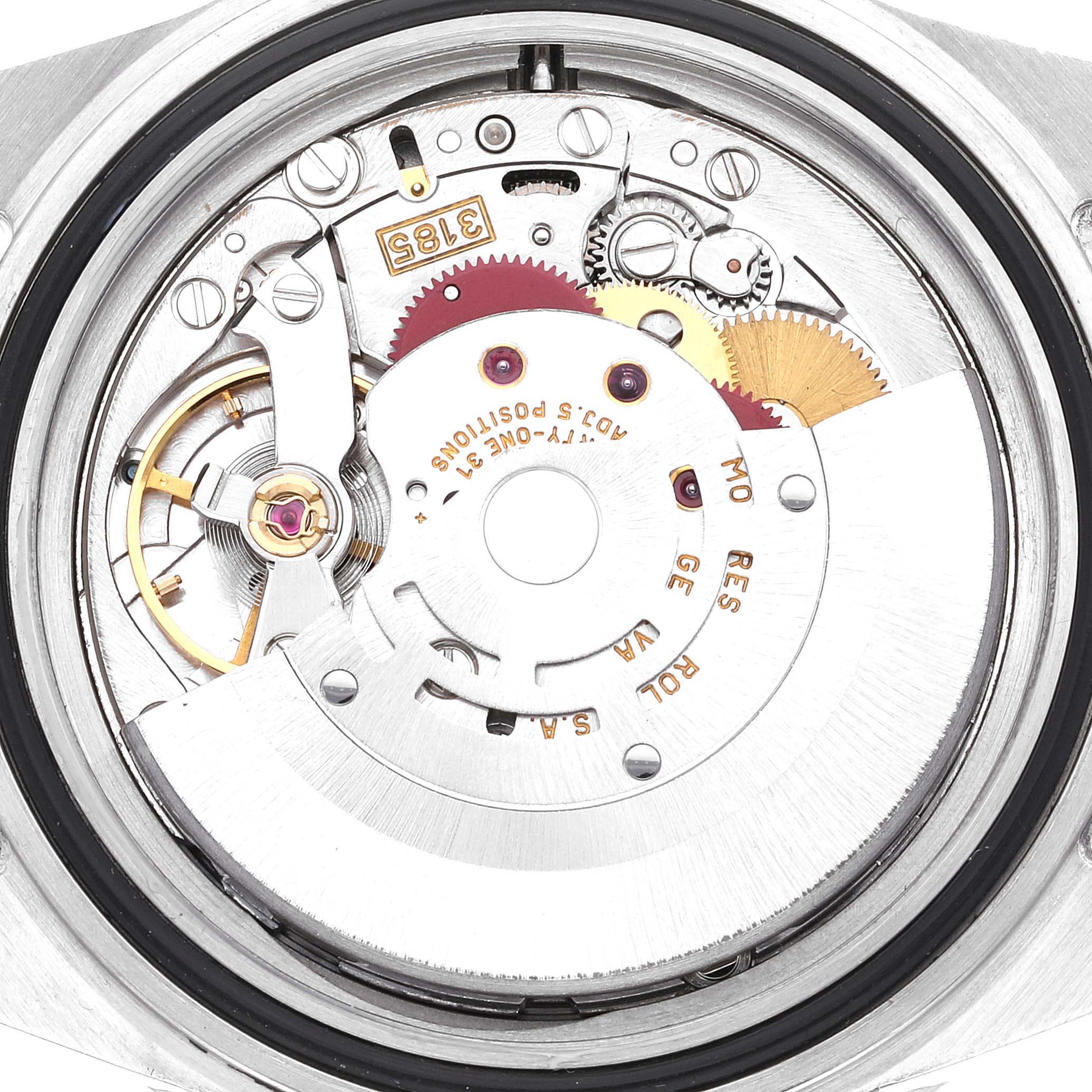 The image shows the internal mechanical movement of a Rolex GMT-Master 16710 Men
s Stainless Steel Black Dial 16710 Men
s Stainless Steel Black Dial watch from a rear angle.
