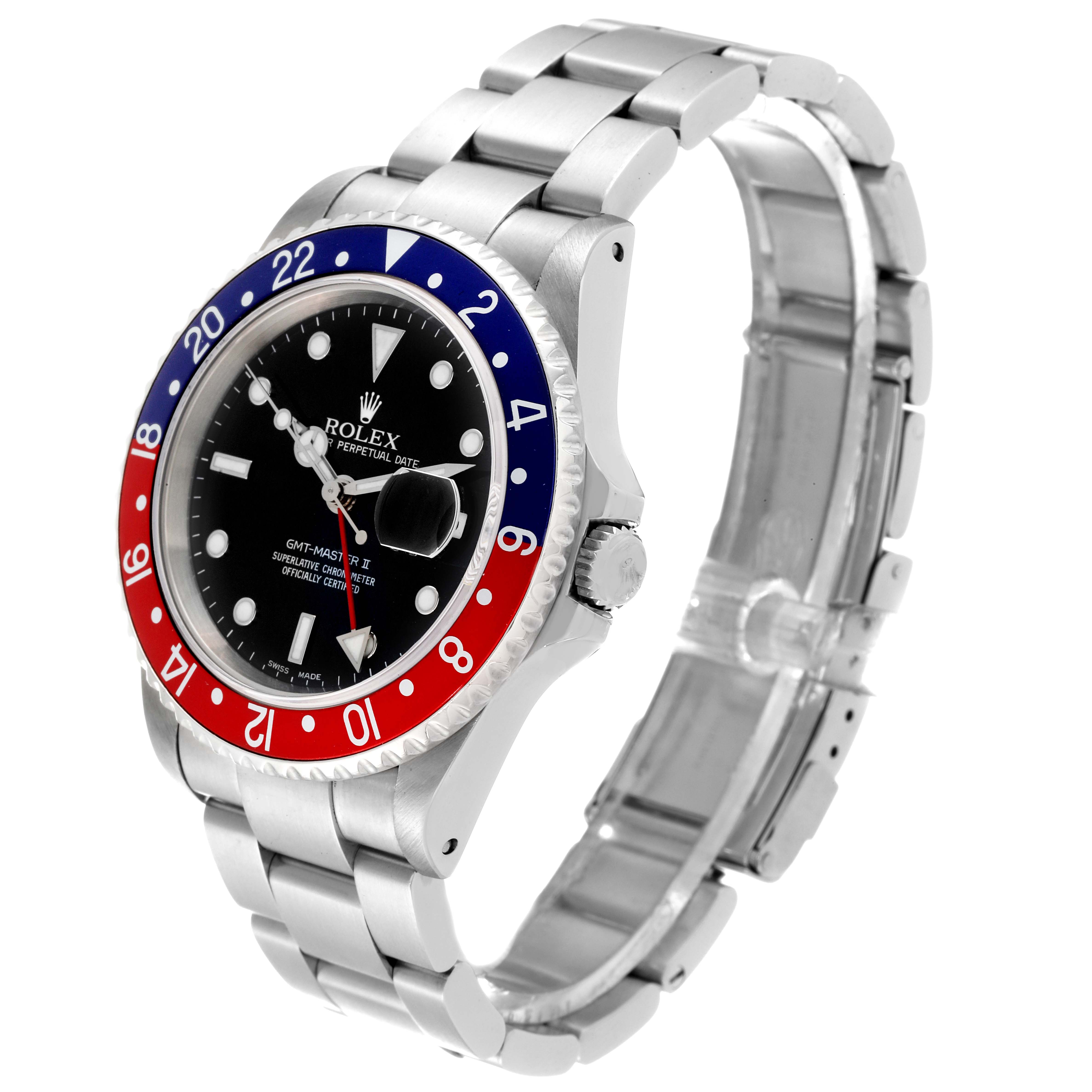 The image shows a side-angle view of a Rolex GMT-Master 16710 Men
s Stainless Steel Black Dial 16710 Men
s Stainless Steel Black Dial II watch, highlighting the bezel, dial, and bracelet.
