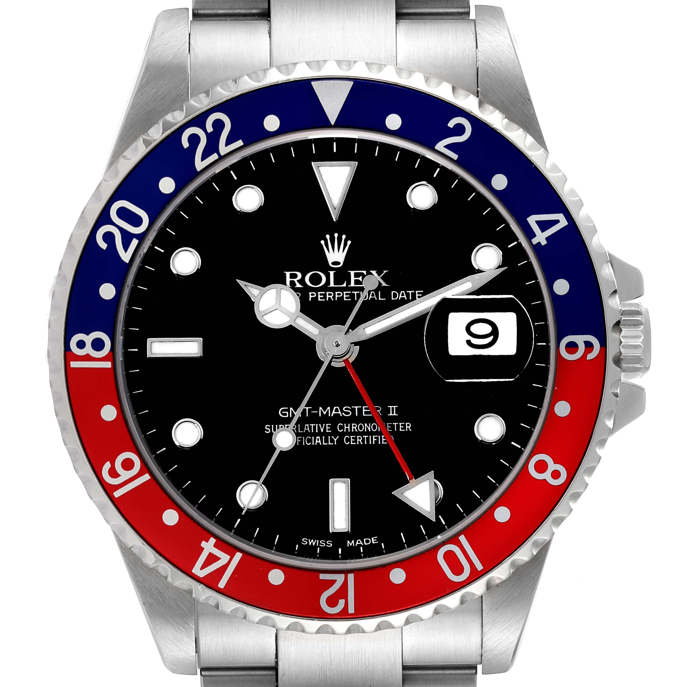 This image shows the face of a Rolex GMT-Master 16710 Men
s Stainless Steel Black Dial 16710 Men
s Stainless Steel Black Dial II watch, featuring a Pepsi bezel and a date window at 3 o
clock.