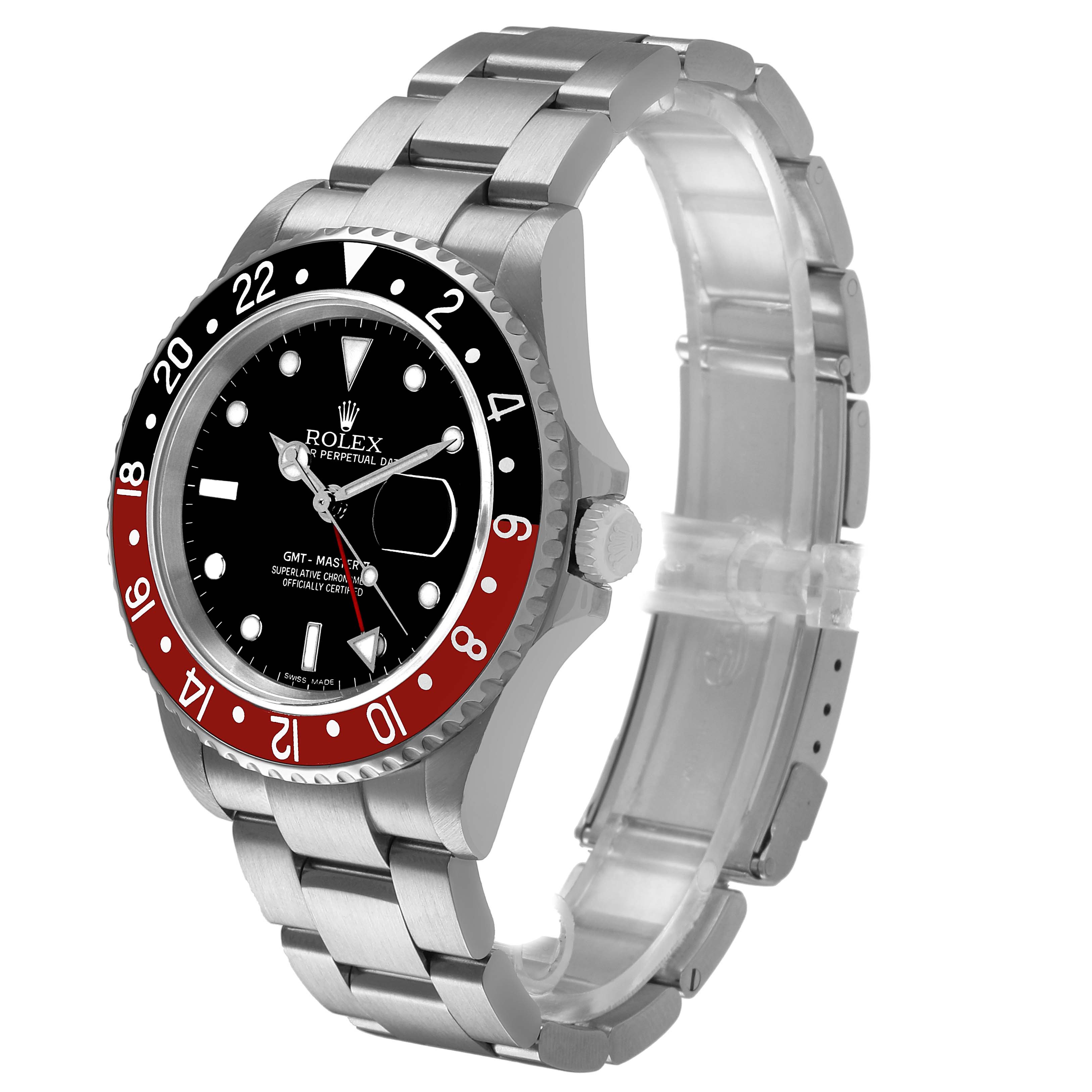 The Rolex GMT-Master 16710 Men's Stainless Steel Black Dial watch is shown from an oblique angle, highlighting the bezel, dial, bracelet, and crown.
