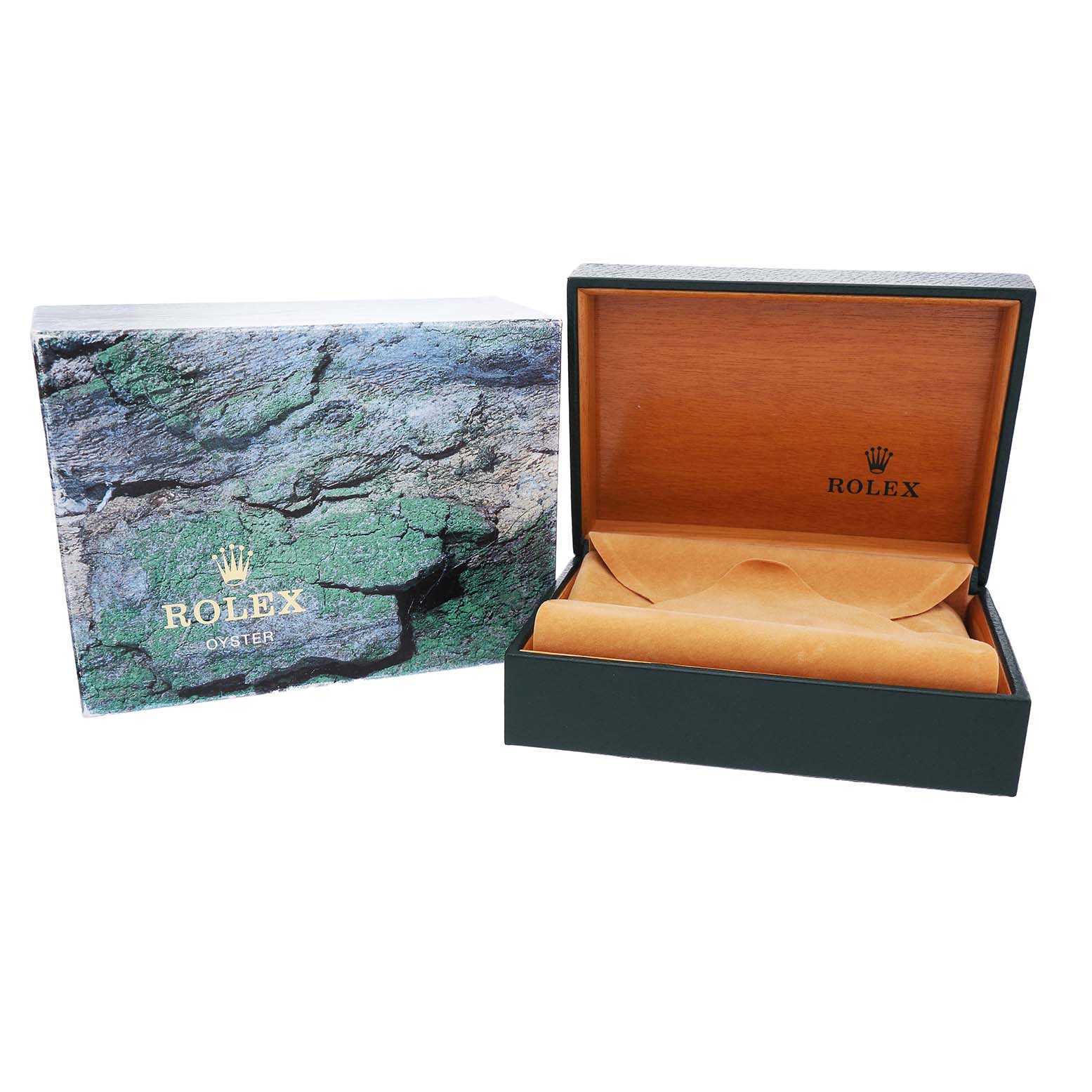 The image shows an open Rolex GMT-Master 16710 Men's Stainless Steel Black Dial watch box with the lid tilted back, and a separate outer box beside it.