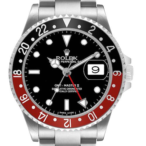 The image shows a front view of the Rolex GMT-Master 16710 Men's Stainless Steel Black Dial II watch, highlighting its bezel, dial, hands, and date window.