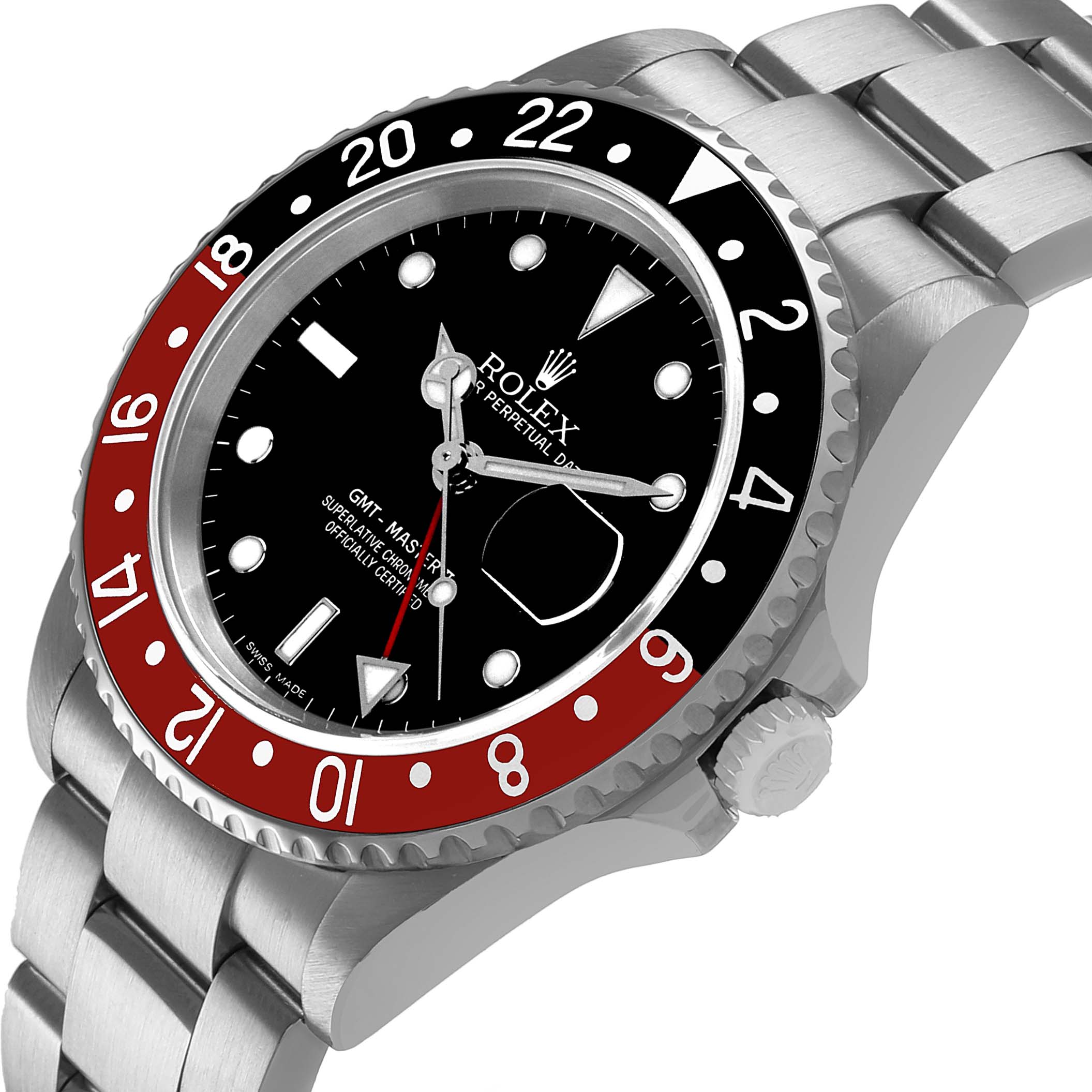 The Rolex GMT-Master 16710 Men's Stainless Steel Black Dial watch is shown at a side angle, highlighting the bezel, dial, crown, and bracelet.