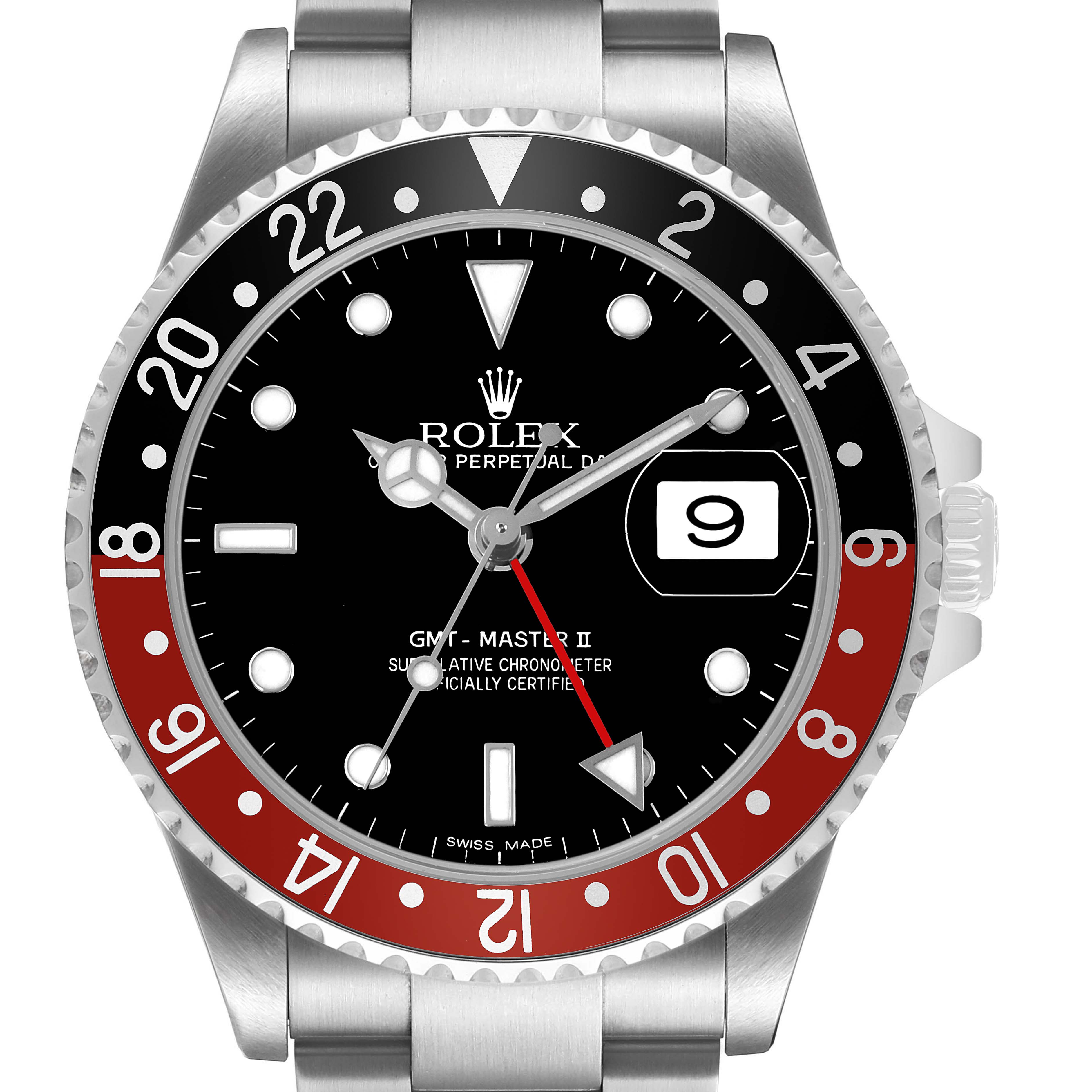 The image shows a front view of the Rolex GMT-Master 16710 Men's Stainless Steel Black Dial II, highlighting the bezel, dial, hands, and date window.