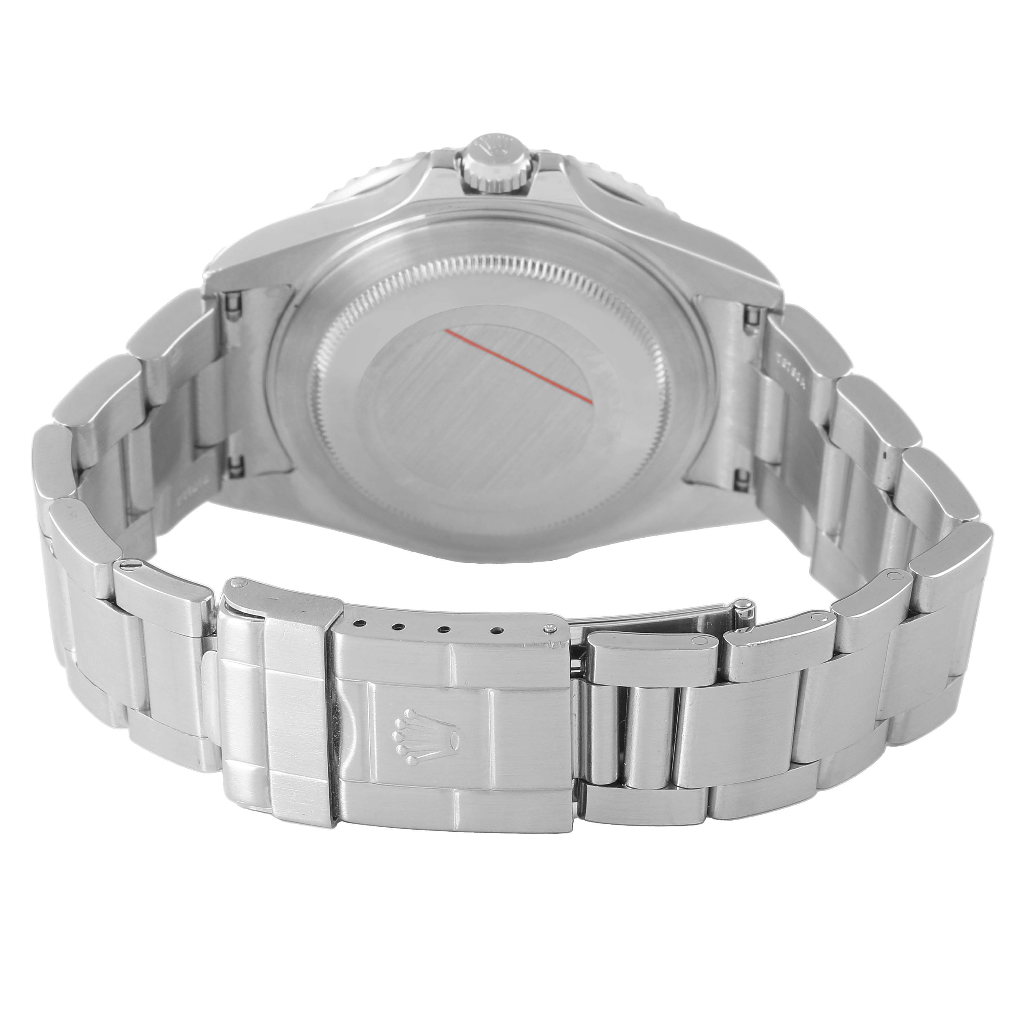 The Rolex GMT-Master 16710 Men's Stainless Steel Black Dial watch is shown from the back, highlighting the case back, bracelet, and clasp.