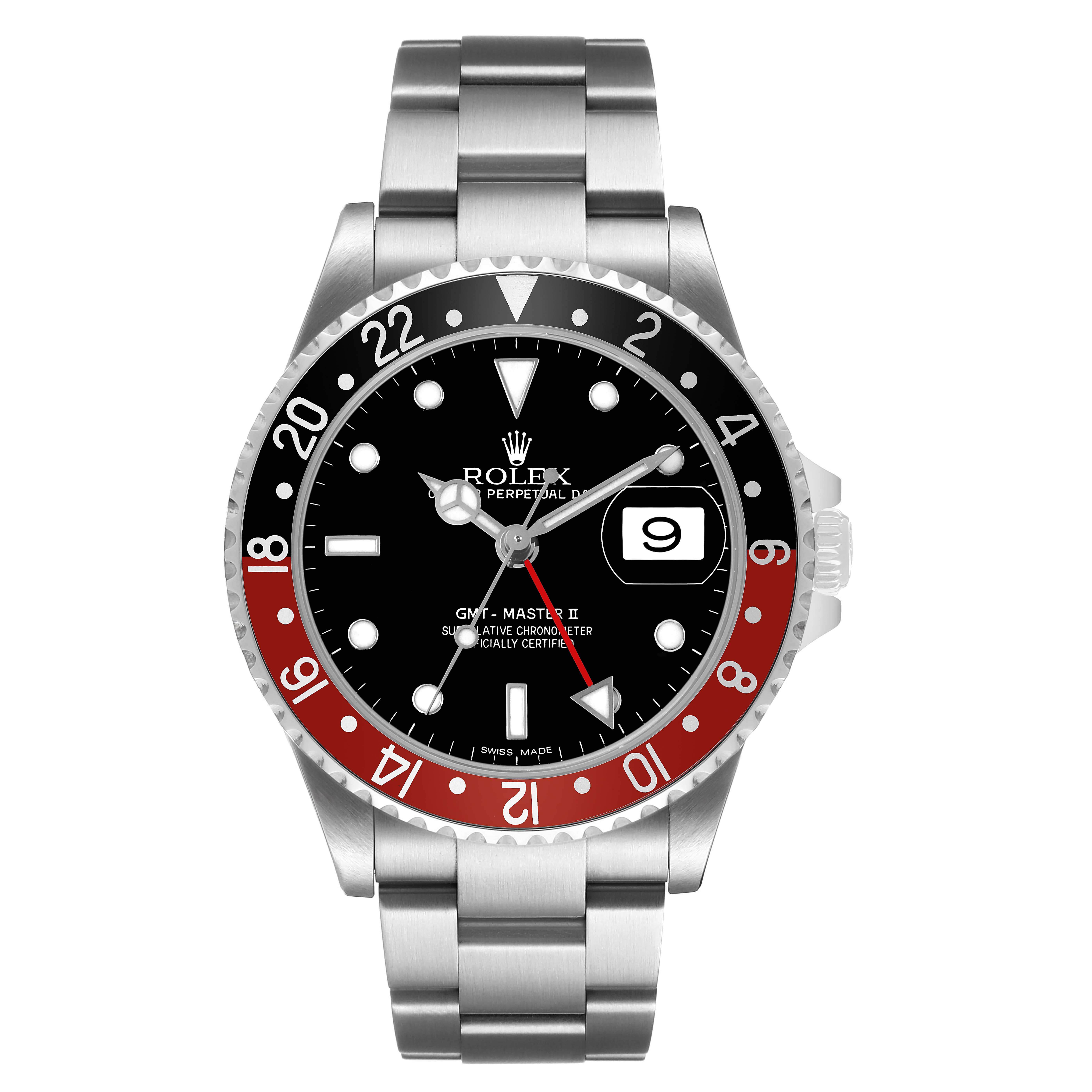 The image shows a front view of the Rolex GMT-Master 16710 Men's Stainless Steel Black Dial II, highlighting the bezel, dial, and bracelet.
