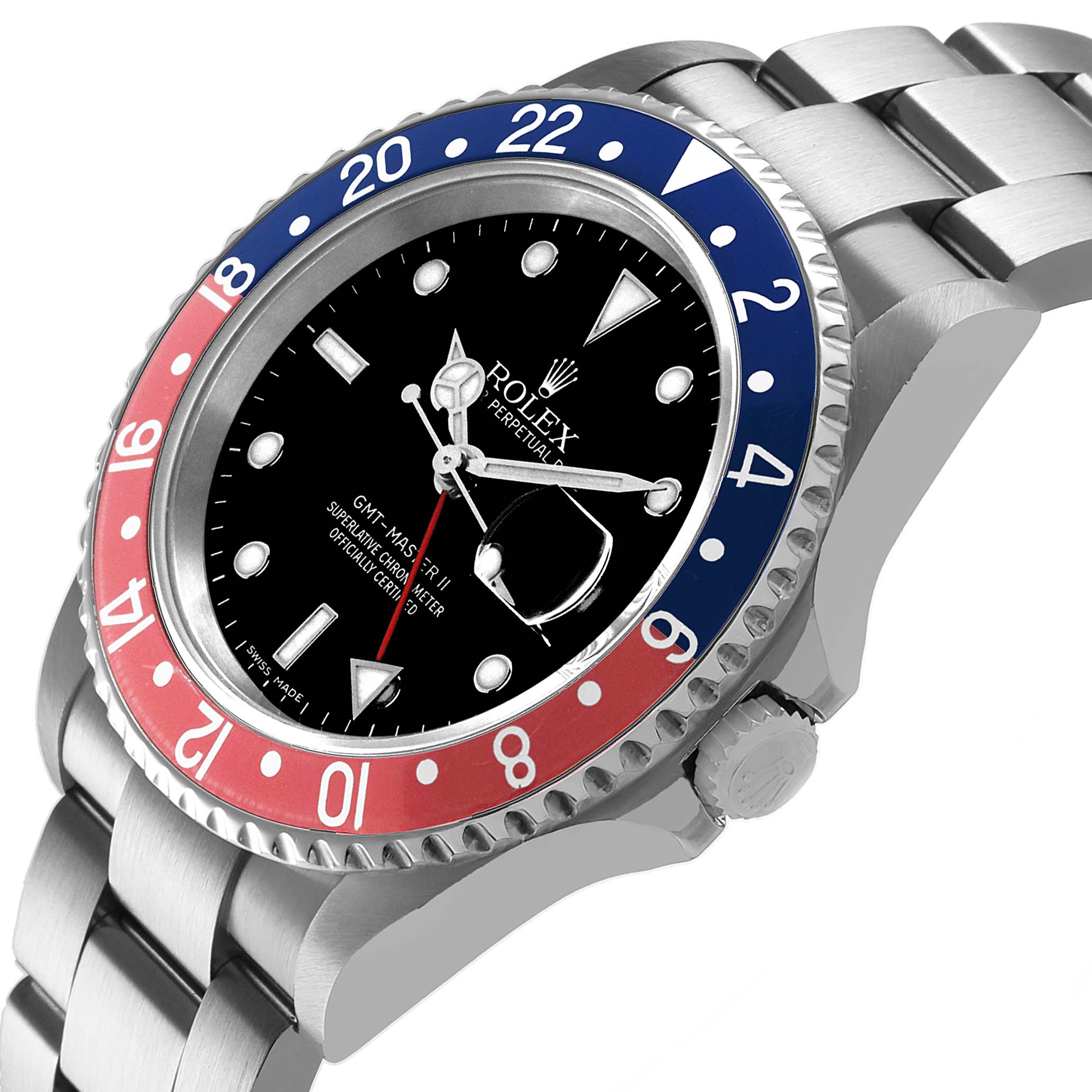 The Rolex GMT-Master 16710 Men's Stainless Steel Black Dial watch is shown at an angled side view, highlighting the bezel, crown, and bracelet links.