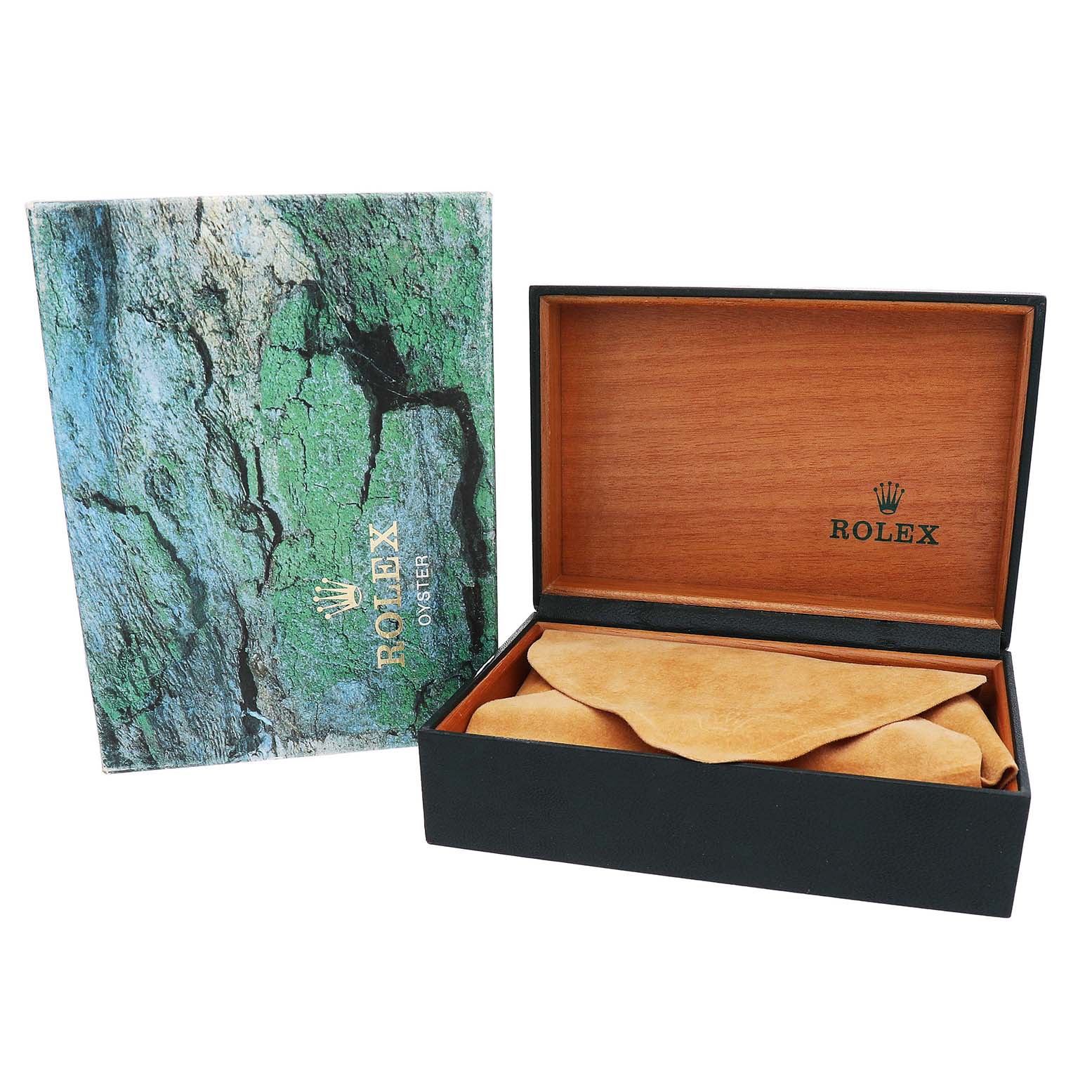 The image shows a Rolex GMT-Master 16710 Men's Stainless Steel Black Dial watch box, including an outer box with a tree pattern and an open inner wooden box.