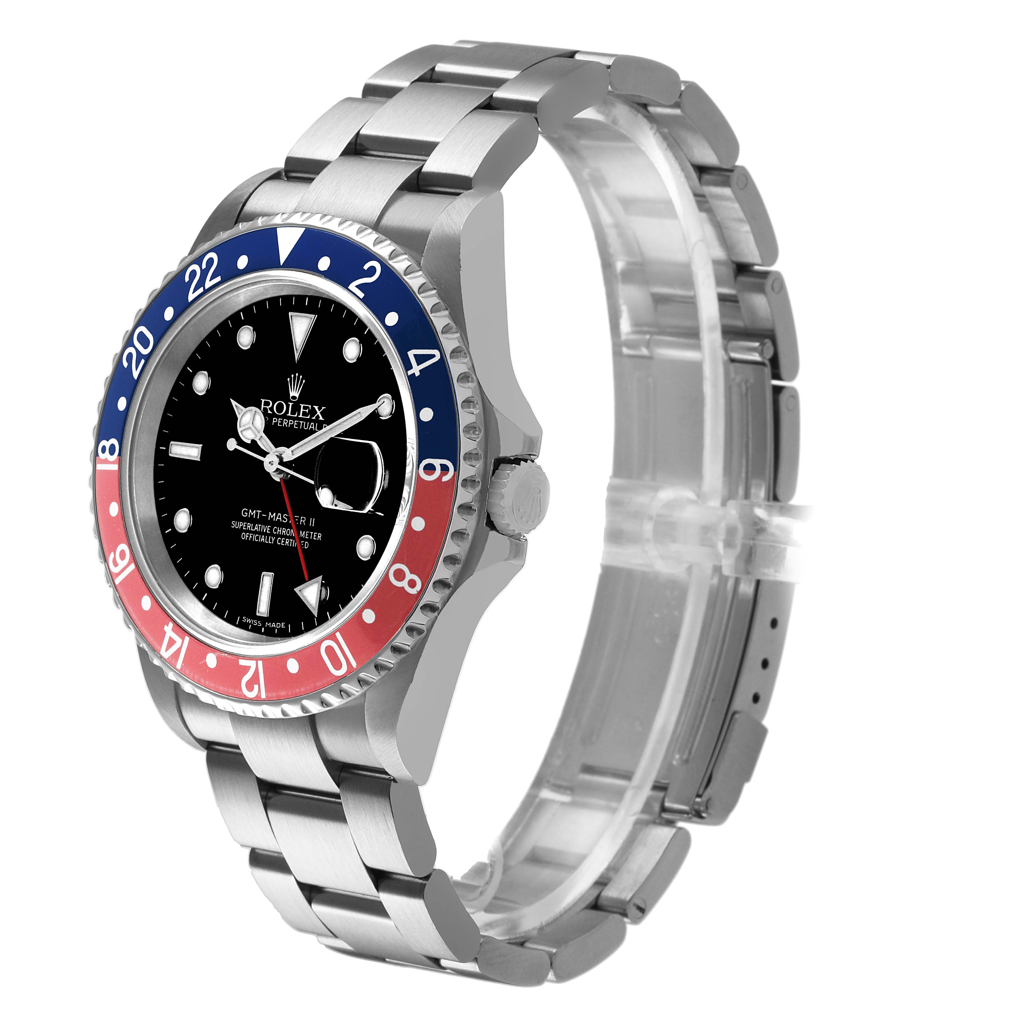 The Rolex GMT-Master 16710 Men's Stainless Steel Black Dial watch is shown at a three-quarter angle, highlighting the bezel, face, and bracelet.