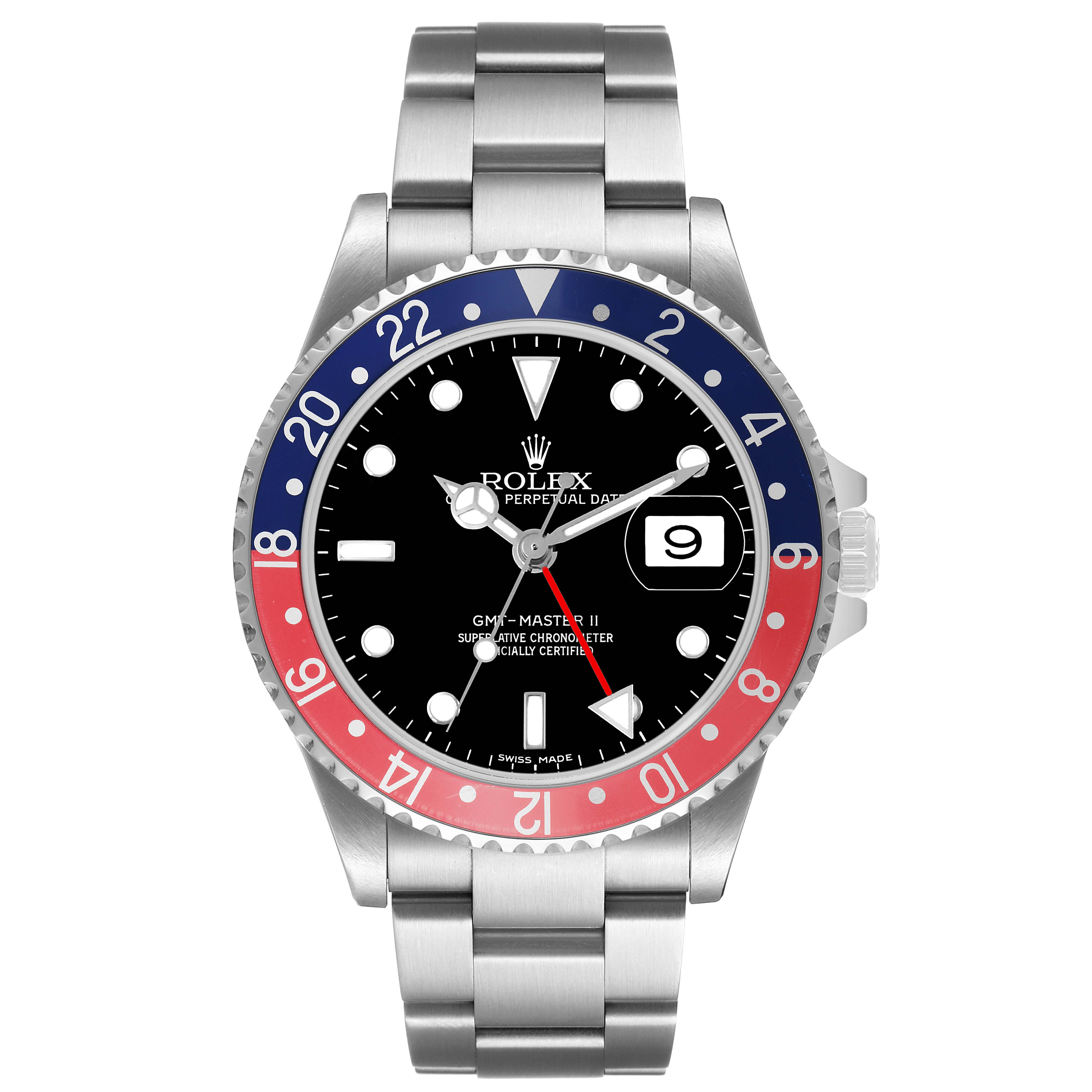 The Rolex GMT-Master 16710 Men's Stainless Steel Black Dial watch is shown from a top-down angle, displaying its entire face, bezel, and bracelet.