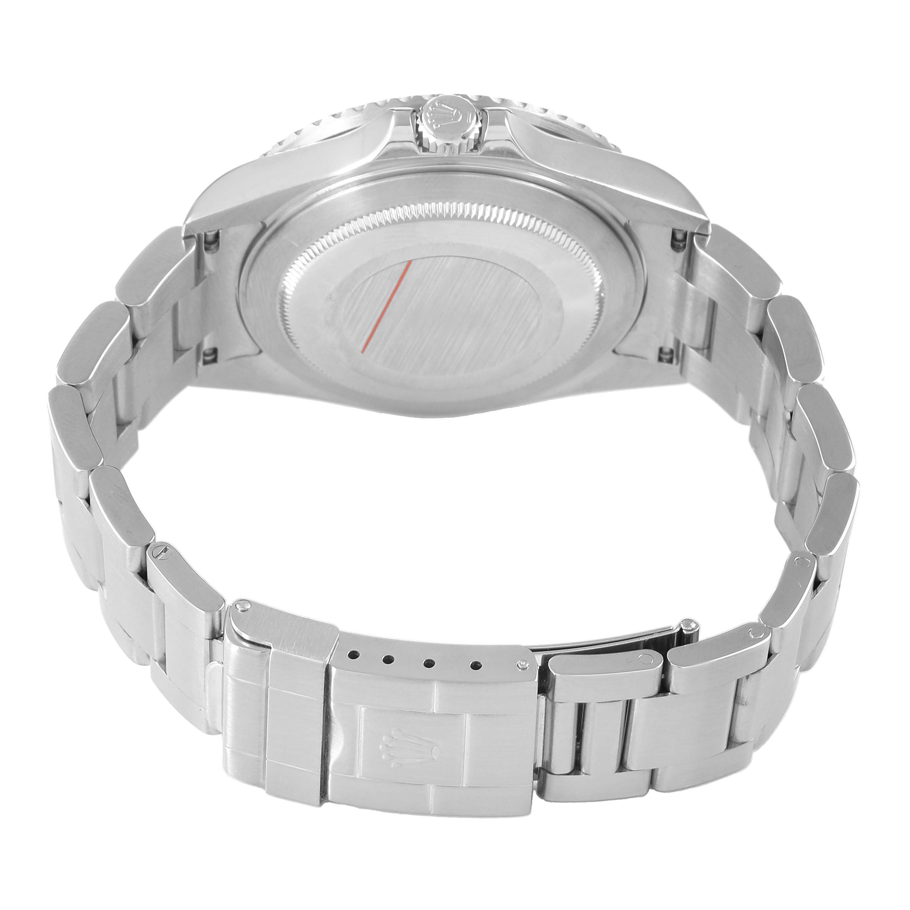 The image shows the back view of the Rolex GMT-Master 16710 Men's Stainless Steel Black Dial, highlighting the clasp, bracelet, case back, and crown.