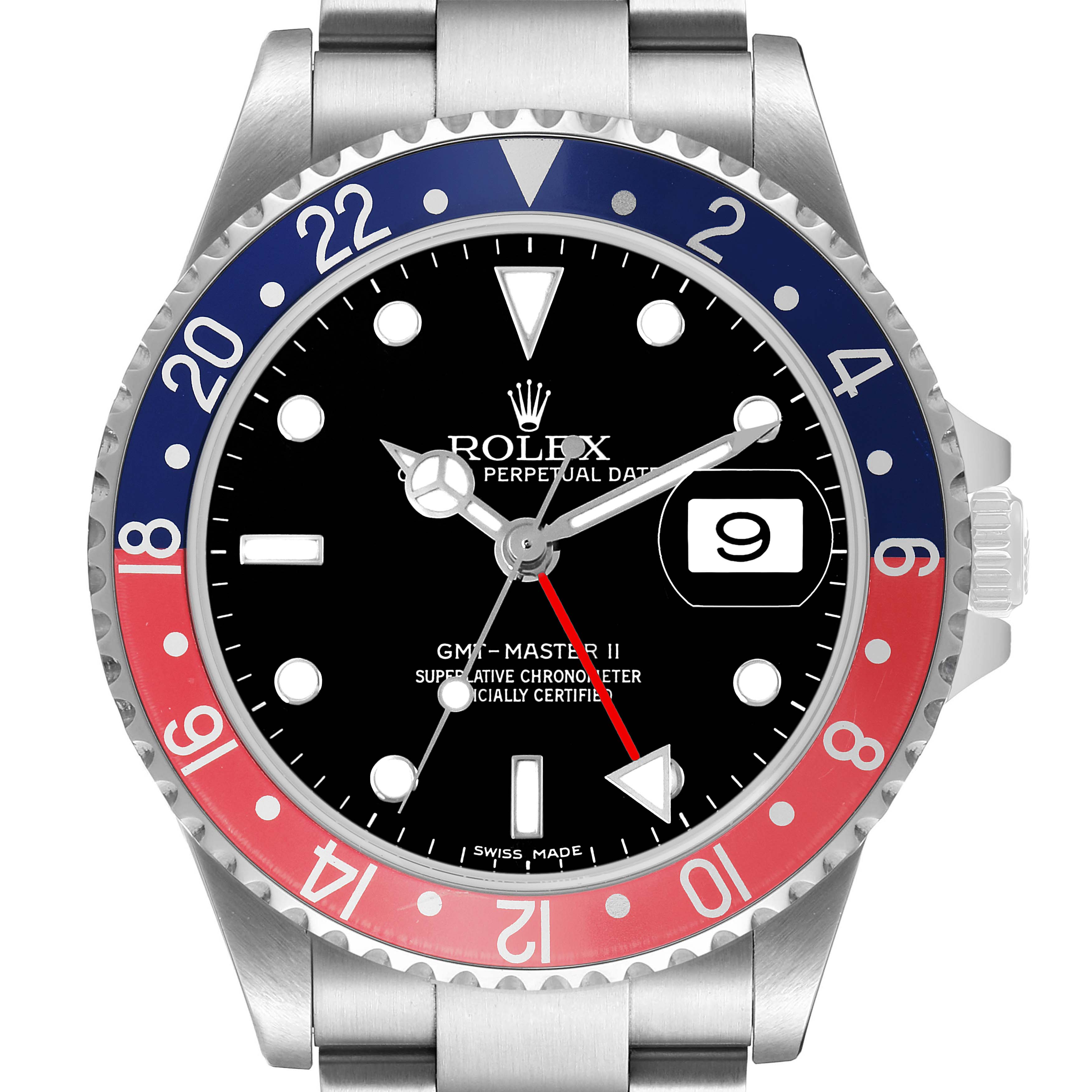 The image shows a Rolex GMT-Master 16710 Men's Stainless Steel Black Dial II watch face straight on, highlighting its bezel, hands, date window, and markers.