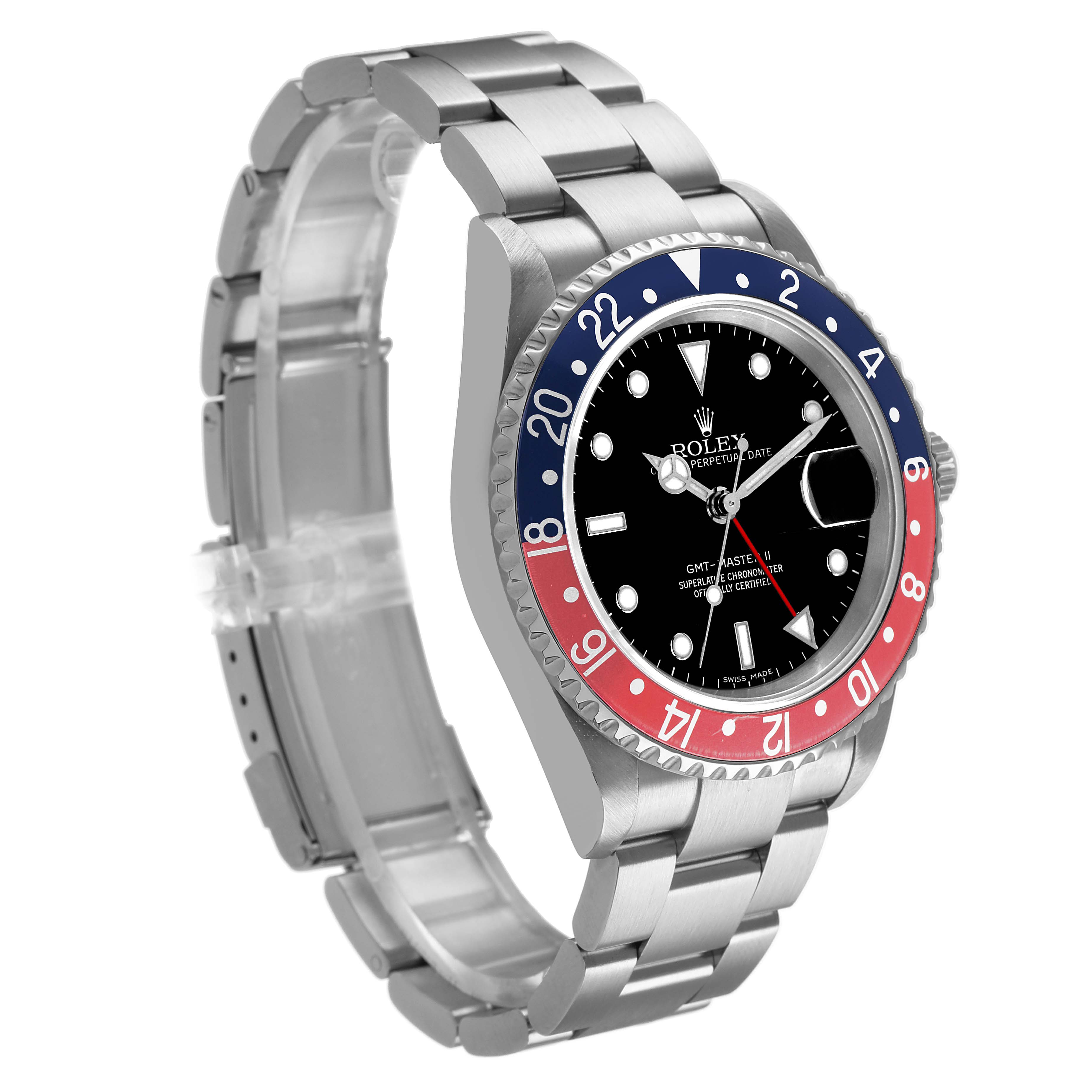 The image shows a Rolex GMT-Master 16710 Men's Stainless Steel Black Dial watch at a three-quarter angle, highlighting the bezel, dial, and stainless steel bracelet.