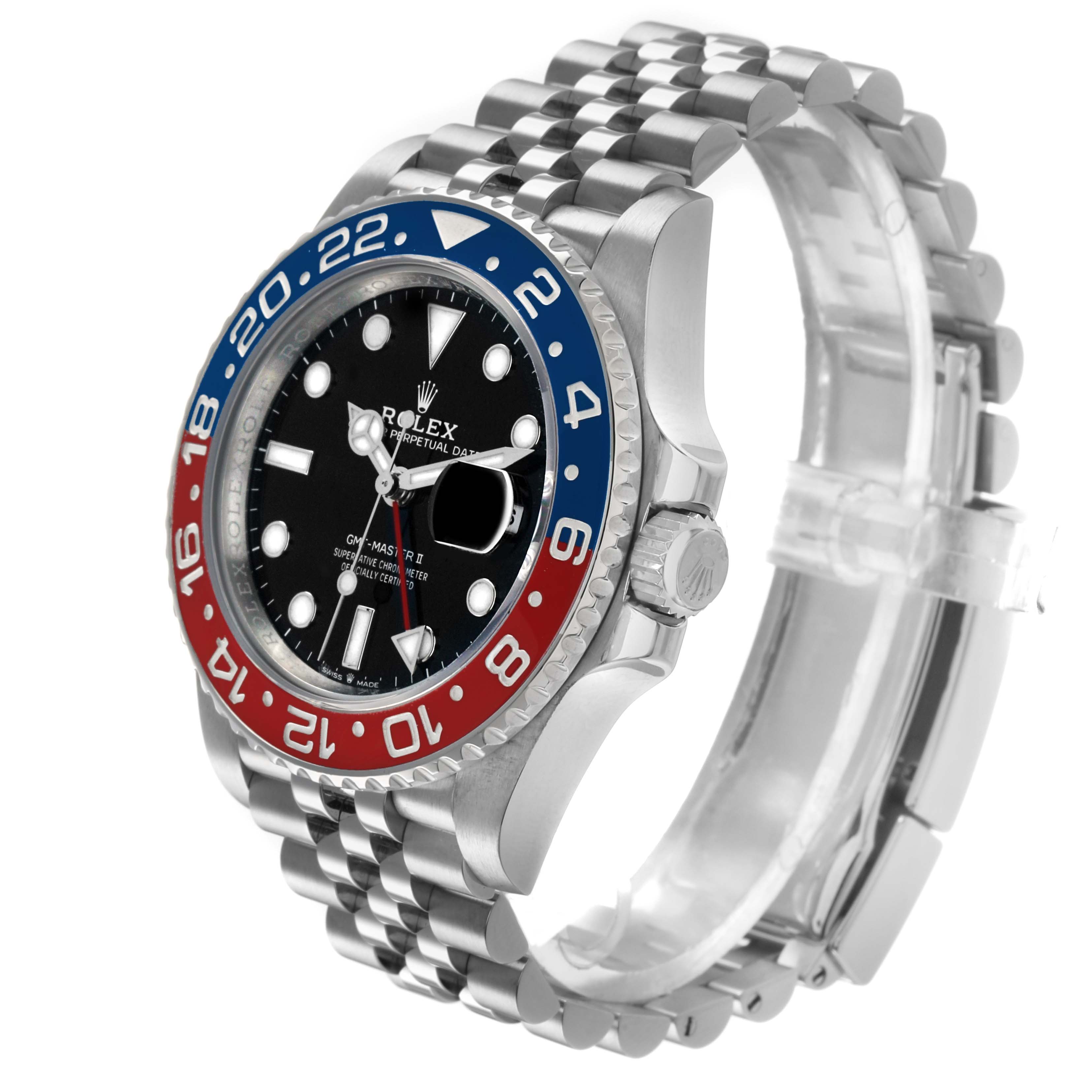 The Rolex GMT-Master 126710BLRO Men's Stainless Steel Black Dial watch is shown at a three-quarter angle, highlighting the bezel, dial, and bracelet.