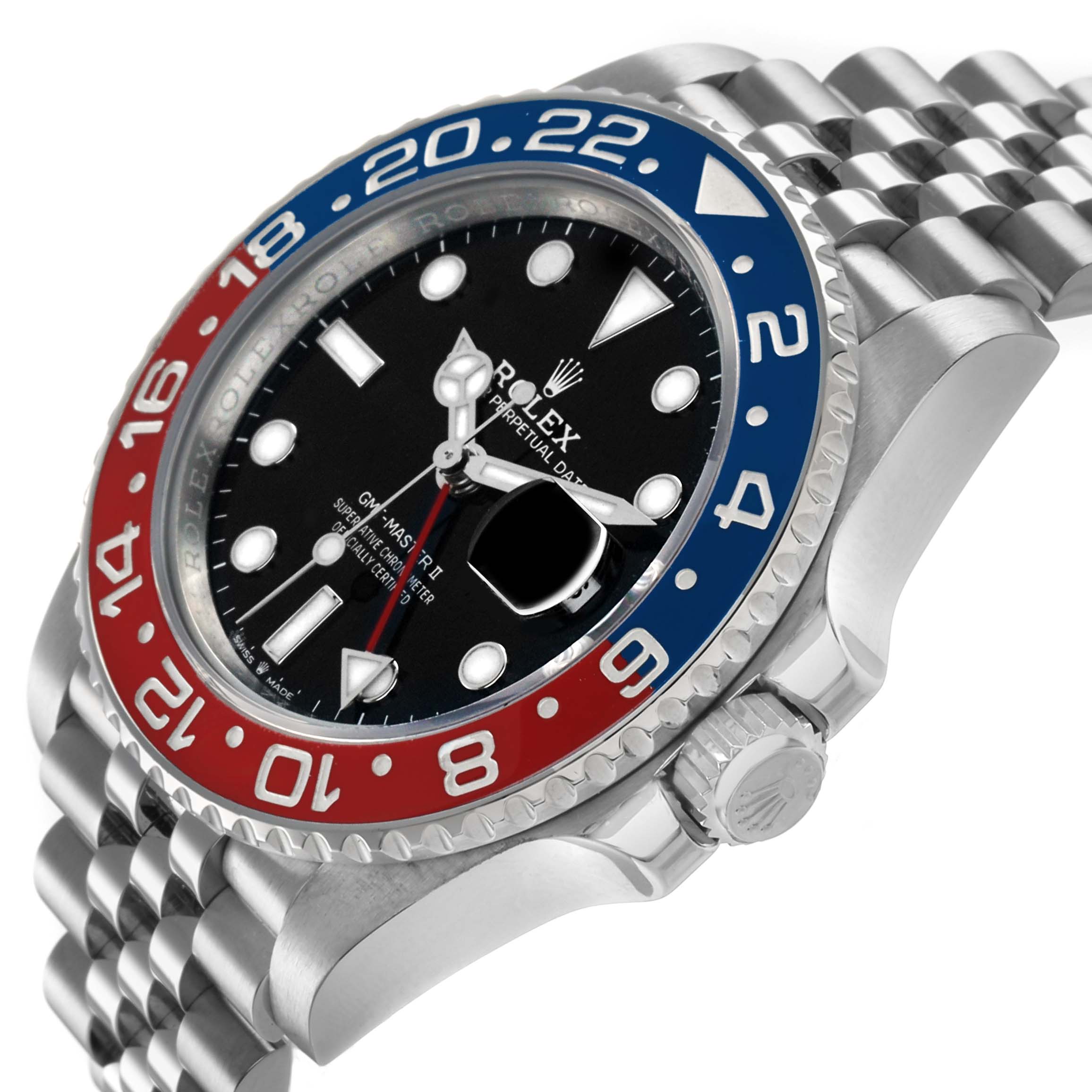 The Rolex GMT-Master 126710BLRO Men's Stainless Steel Black Dial watch is shown at an angled view highlighting the bezel, crown, and part of the bracelet.