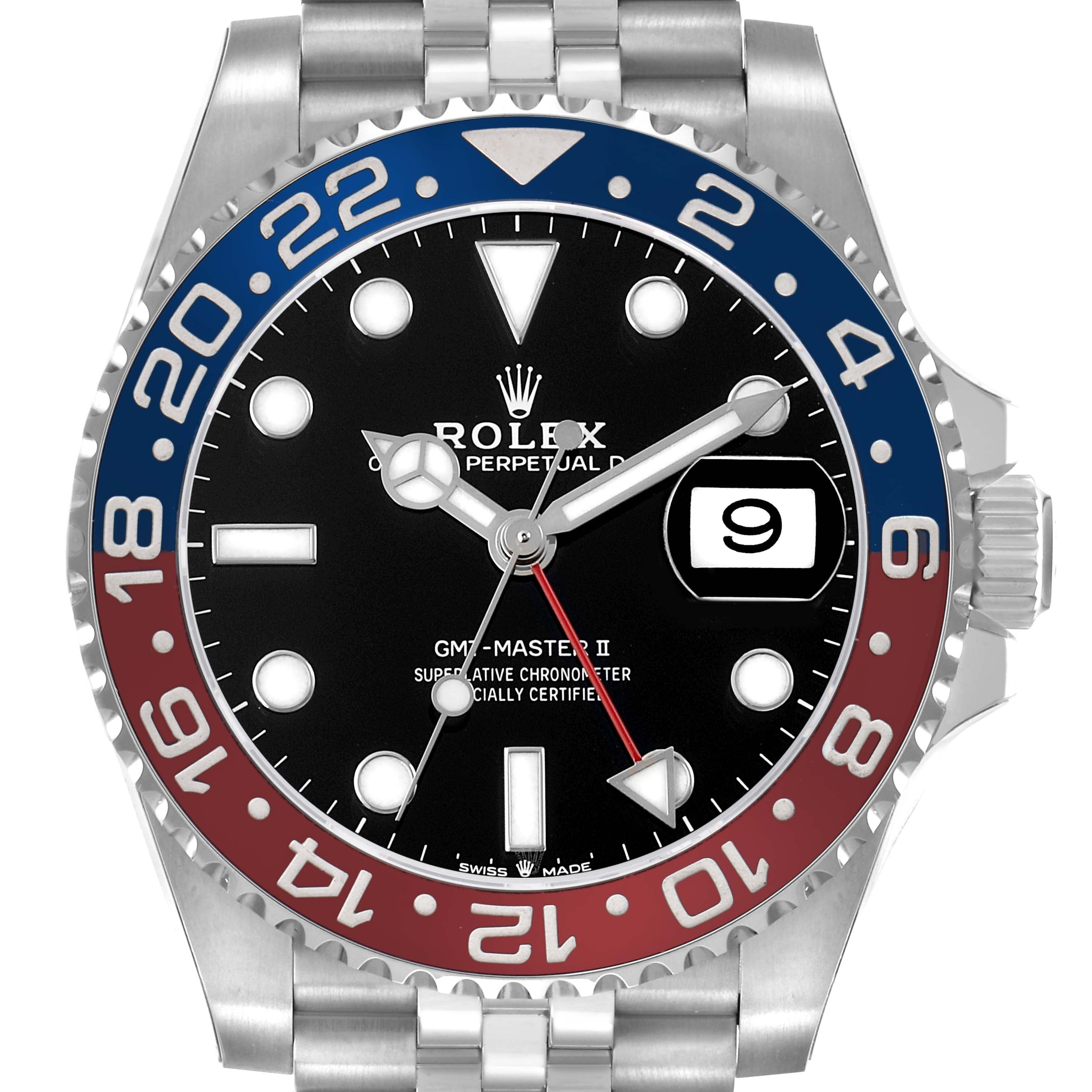 The Rolex GMT-Master 126710BLRO Men's Stainless Steel Black Dial II watch is shown face-on, highlighting its dial, bezel, and bracelet.