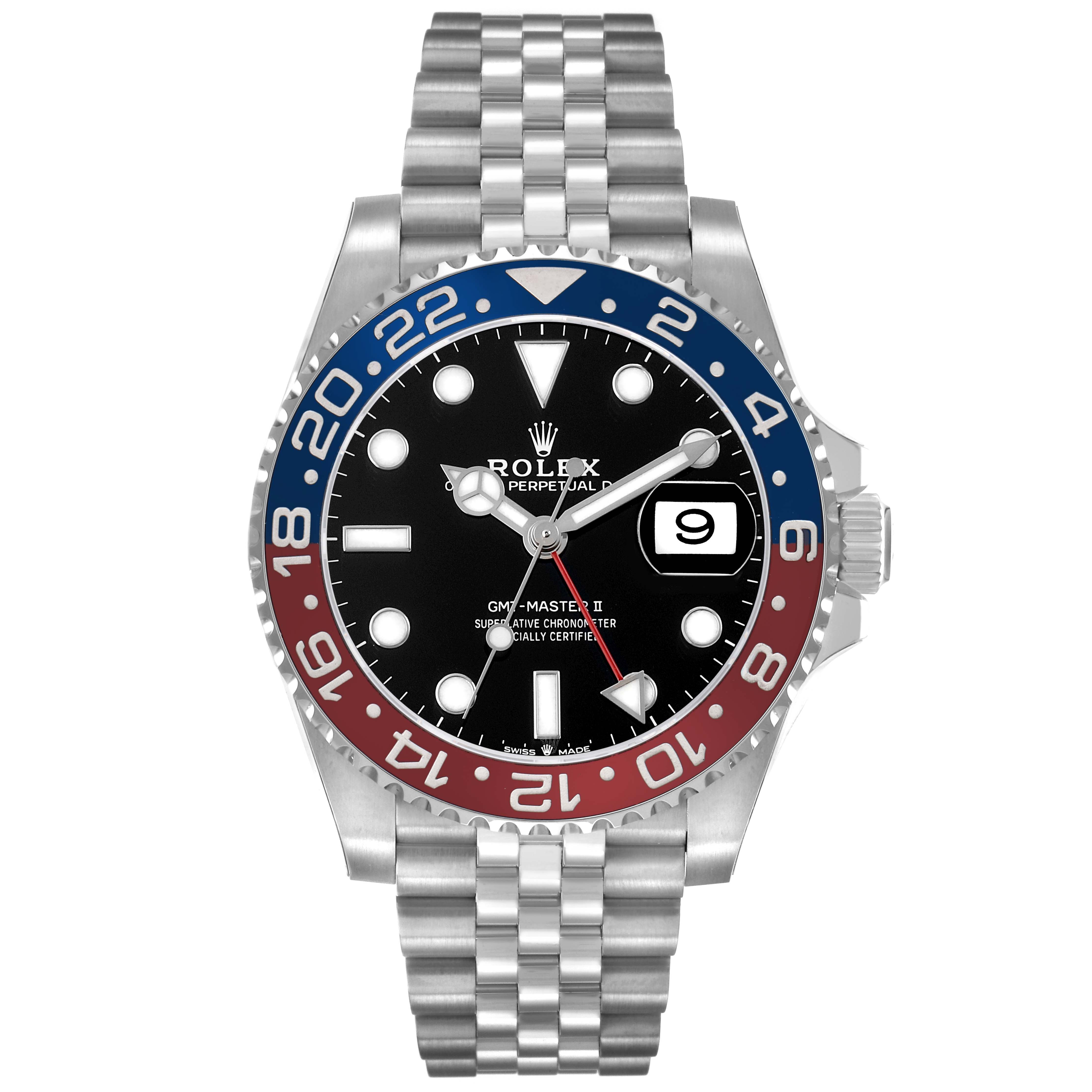 The Rolex GMT-Master 126710BLRO Men's Stainless Steel Black Dial watch is shown from the front, displaying the dial, bezel, hands, date window, and bracelet.