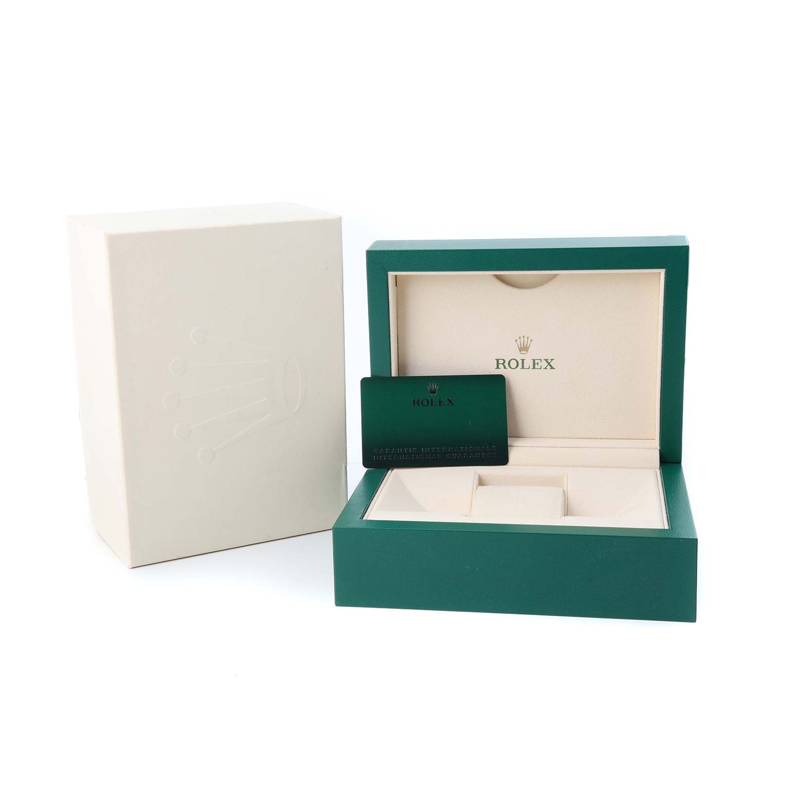 The image shows a Rolex GMT-Master 126710BLRO Men's Stainless Steel Black Dial watch box and card, viewed from the front at an angle.