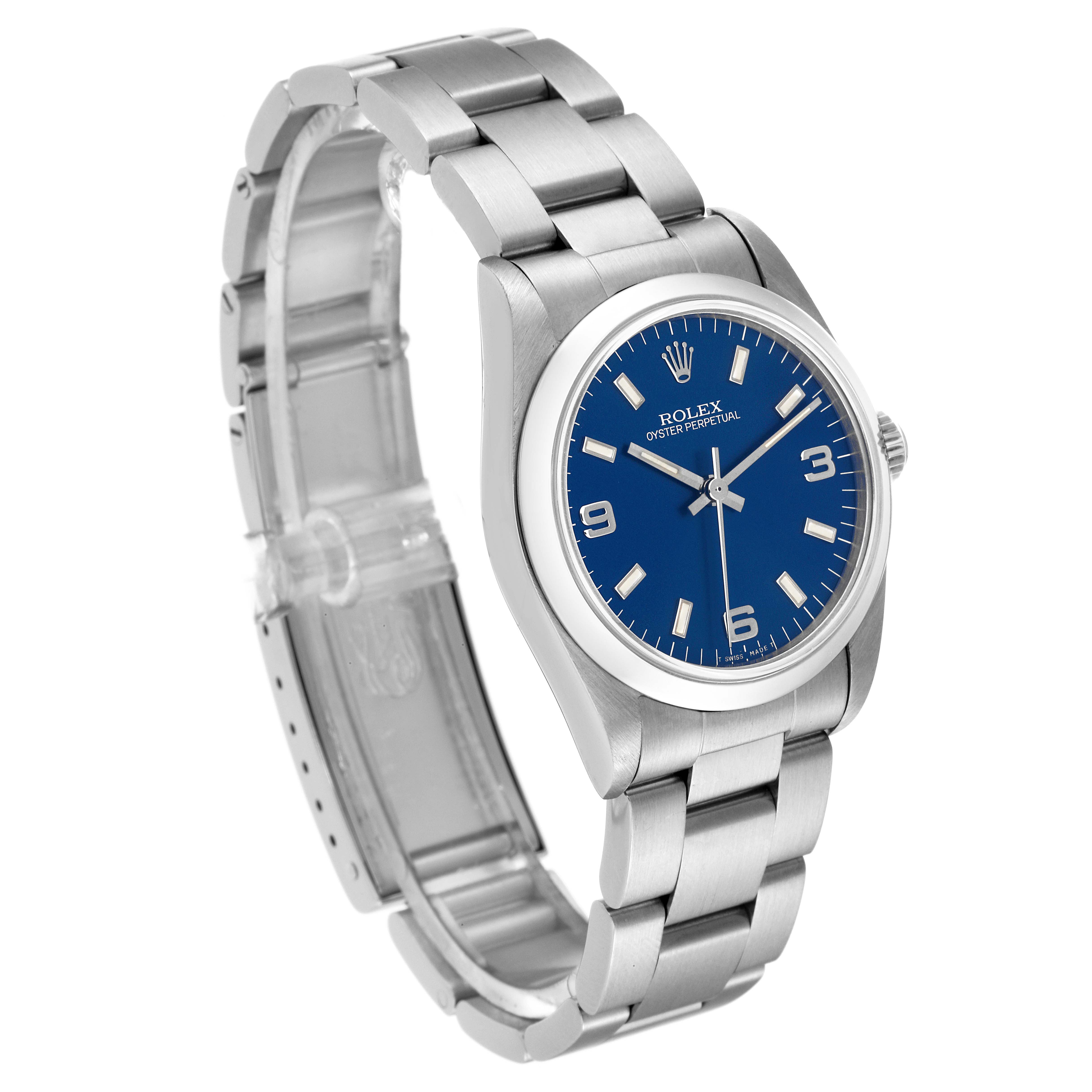 This image shows a mid-side Rolex Oyster Perpetual watch at a slight angle, displaying the face, bezel, case, and bracelet clearly.