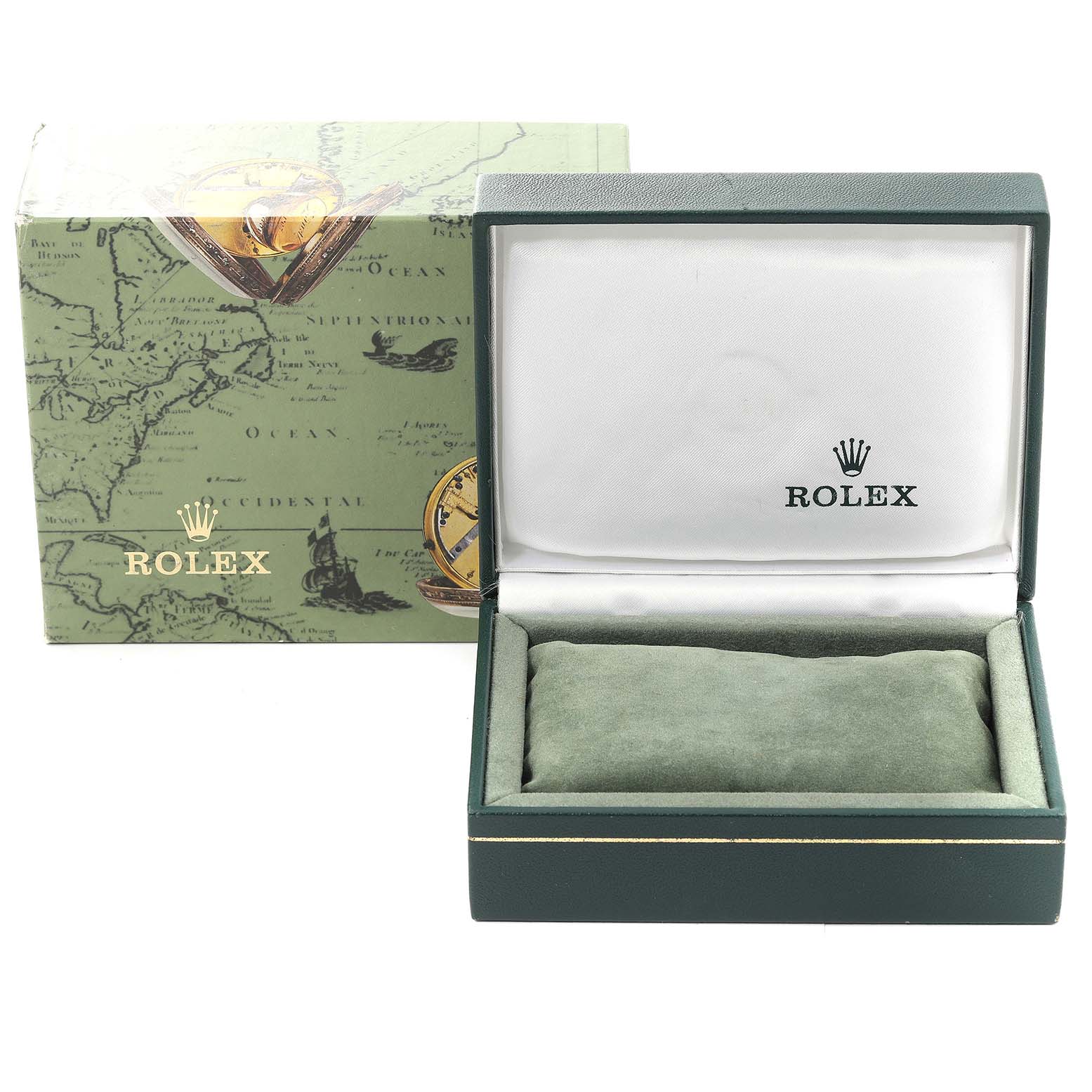 The image shows a Rolex Mid-Size 67480 Women
s Stainless Steel Blue Dial 67480 Women
s Stainless Steel Blue Dial model box, featuring the open watch case and the outer packaging with Rolex branding.