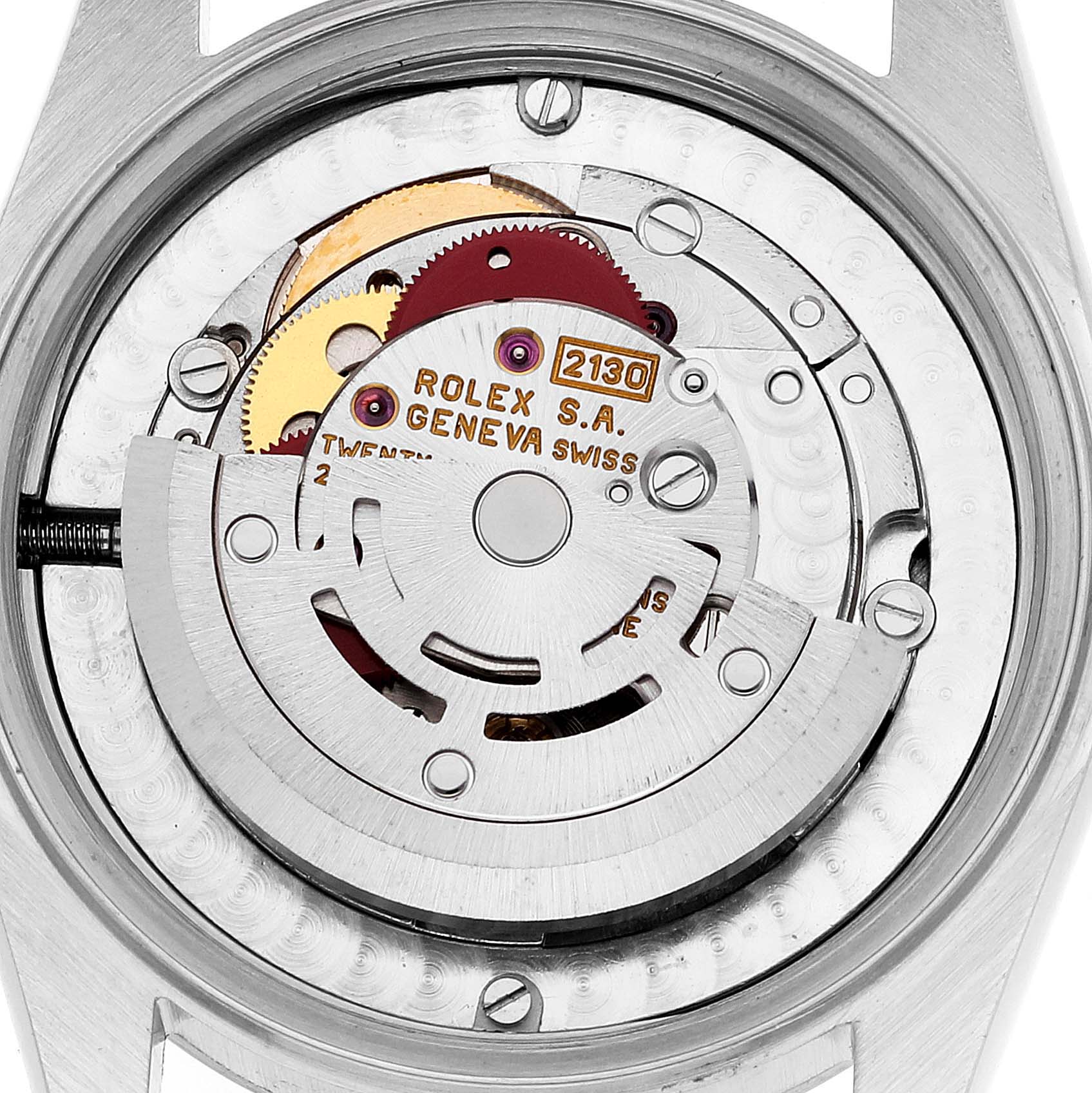 This image shows the internal mechanism of a Rolex Mid-Size 67480 Women
s Stainless Steel Blue Dial 67480 Women
s Stainless Steel Blue Dial model watch, viewed from the back.