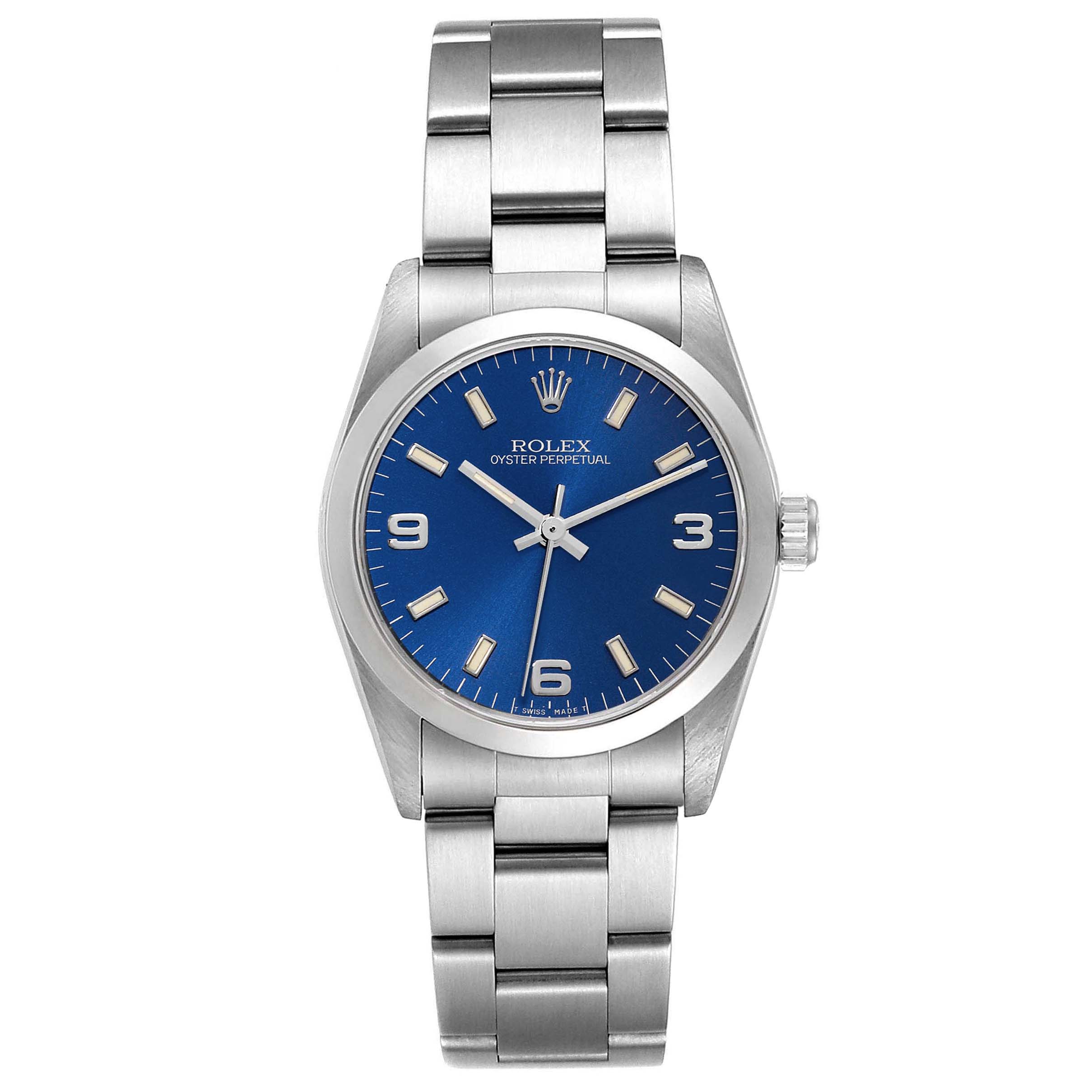 The Rolex Mid-Size 67480 Women
s Stainless Steel Blue Dial 67480 Women
s Stainless Steel Blue Dial model is shown from a straight-on angle, highlighting its blue dial, hour markers, and metal band.