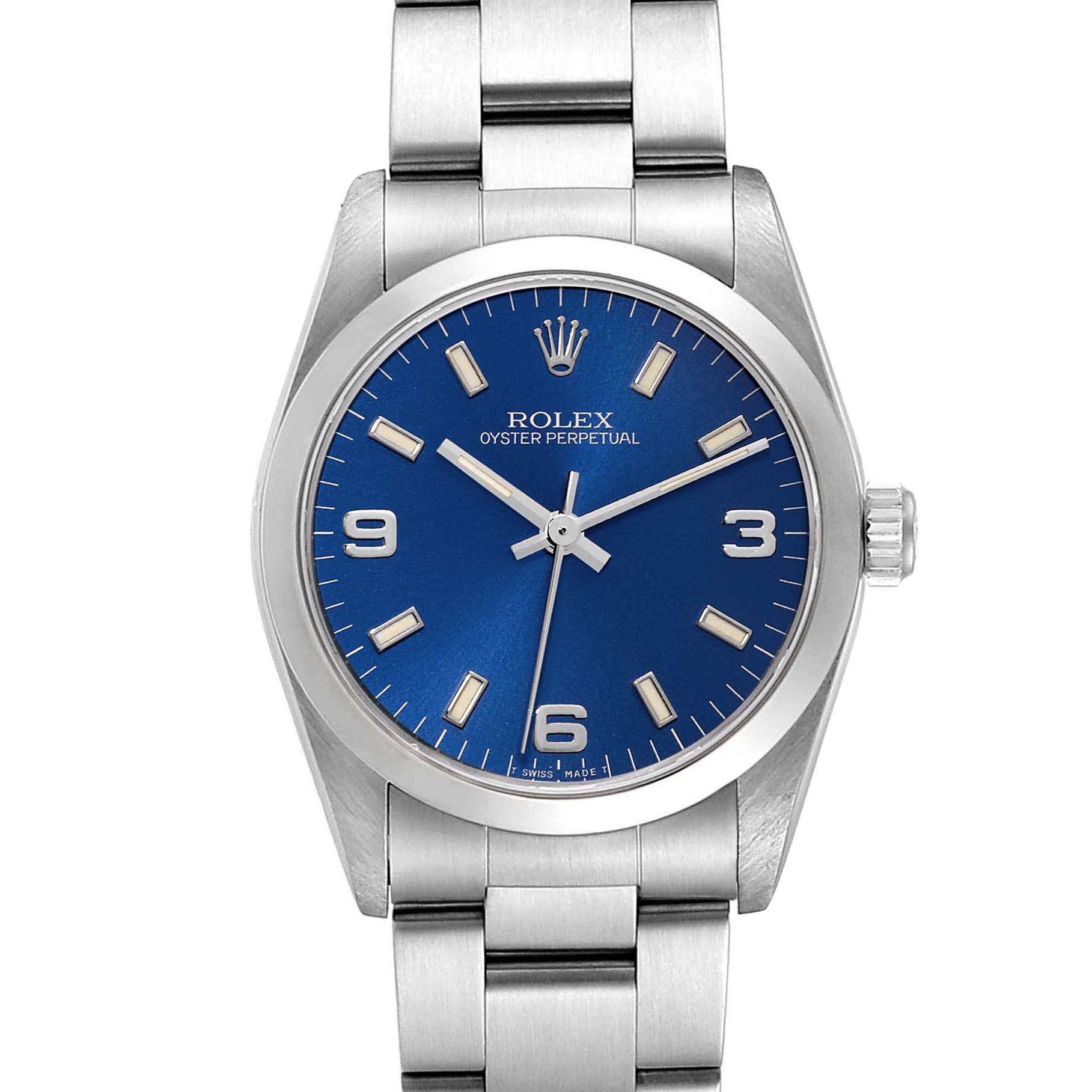 The image shows a front view of a Rolex Oyster Perpetual Mid-Size watch with a blue dial and stainless steel bracelet.