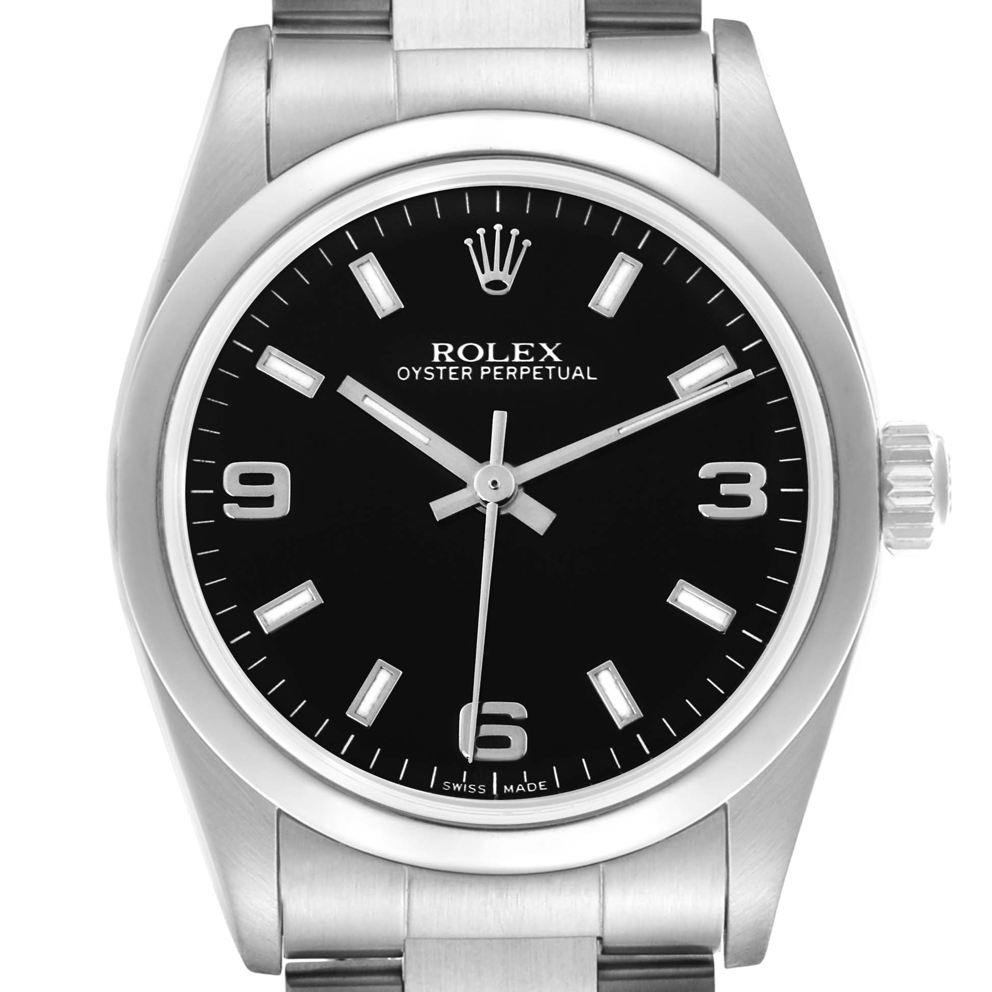 The Rolex Oyster Perpetual watch is shown from a front angle, displaying its black dial, indices, and crown.