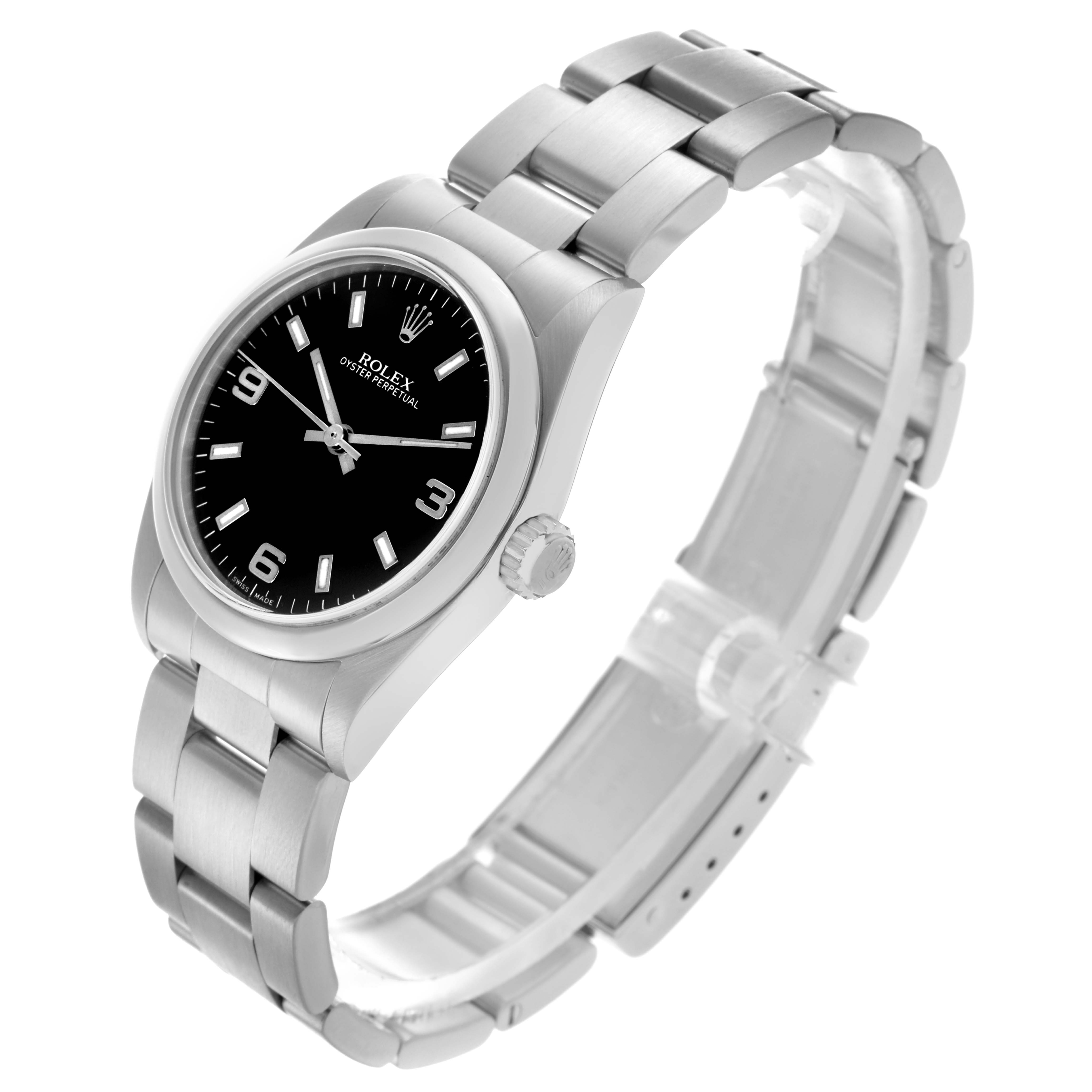 The Rolex Oyster Perpetual is shown at a three-quarter angle, featuring the dial, bracelet, and crown.