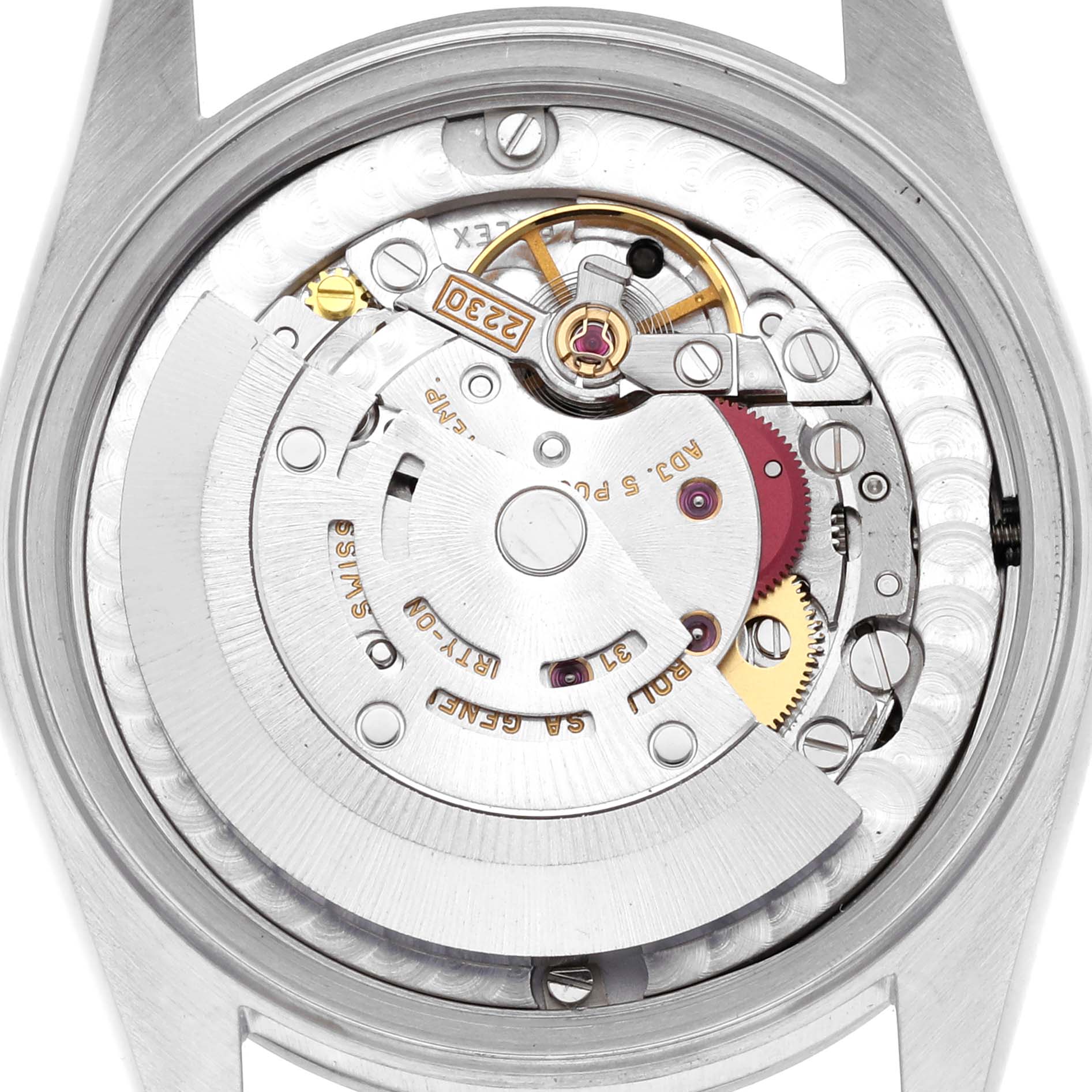 The image shows the back view of a Rolex Oyster Perpetual watch, highlighting its intricate movement and components.