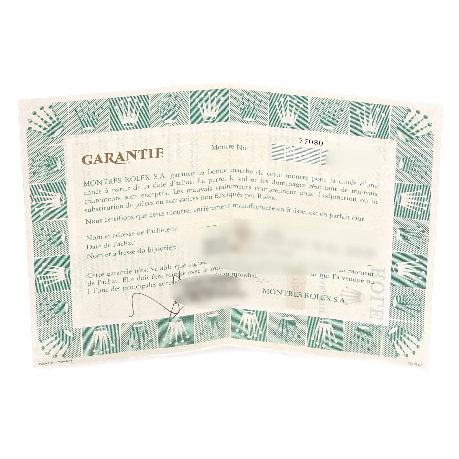 The image shows a warranty certificate for a Rolex Oyster Perpetual watch, featuring signature and text details.