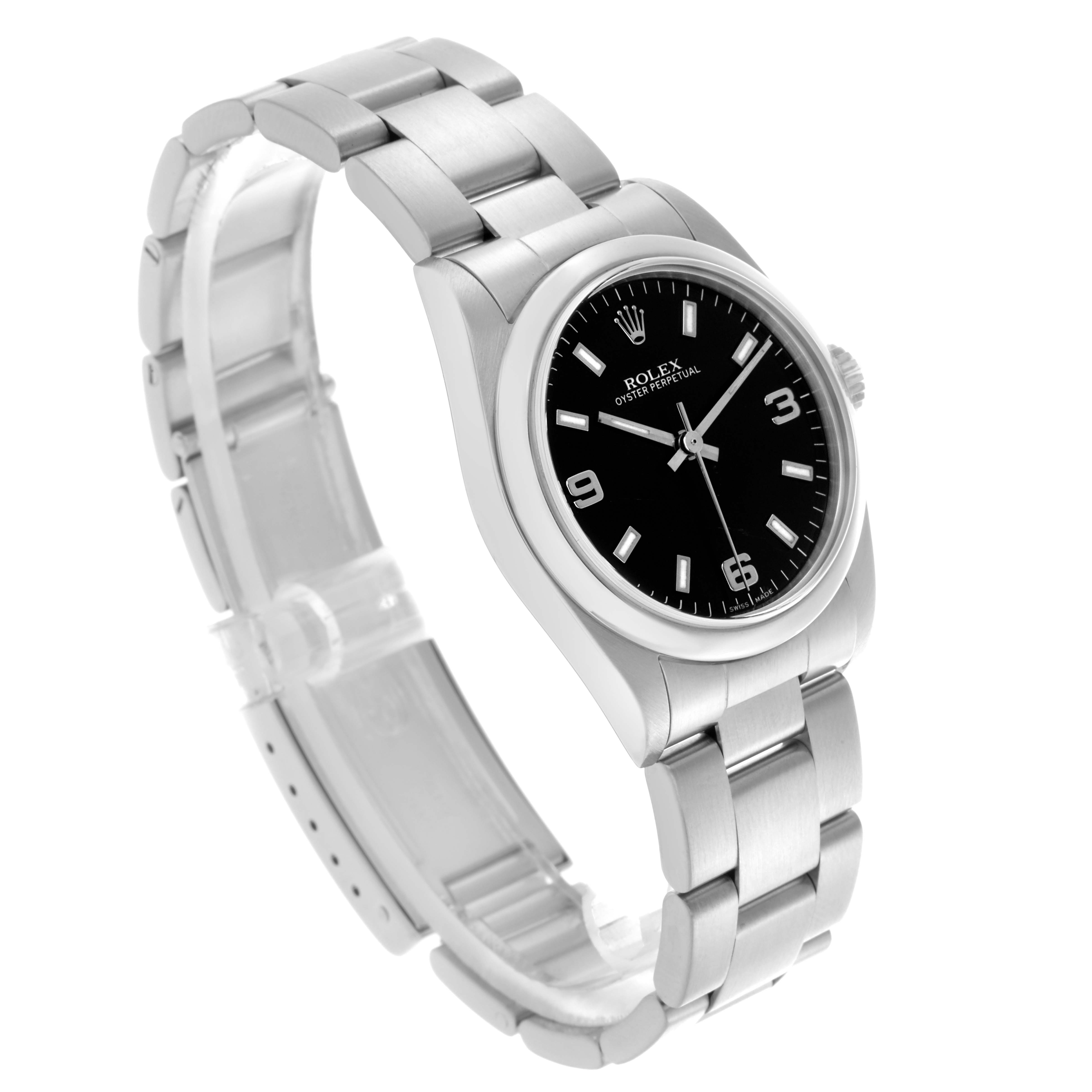 The image shows a Rolex Oyster Perpetual watch at a three-quarter angle, highlighting the dial, bezel, and bracelet.