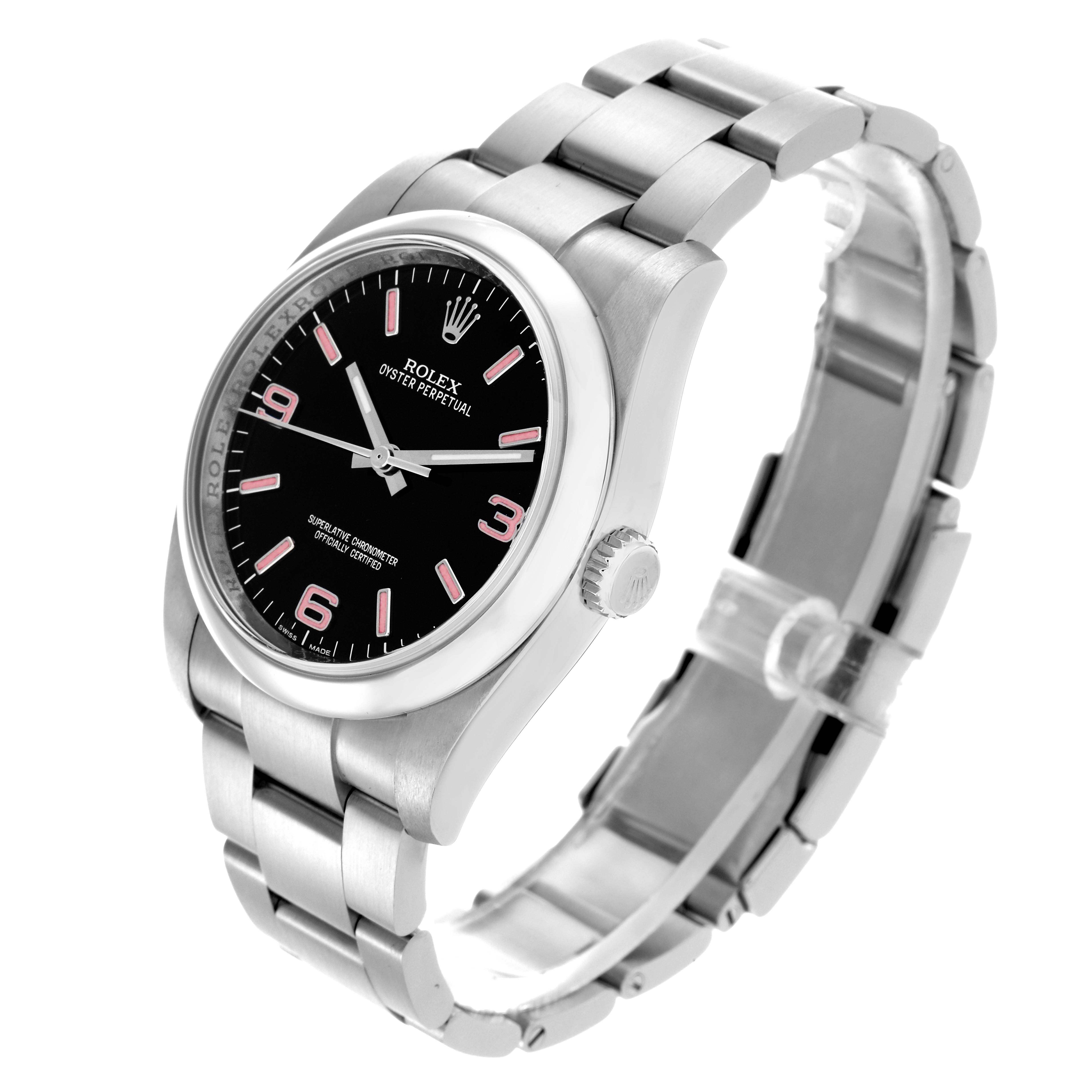 The Rolex Oyster Perpetual 116000 Men's Stainless Steel Black Dial 116000 Men's Stainless Steel Black Dial watch is shown at a slight angle, highlighting the face, bezel, crown, and bracelet.