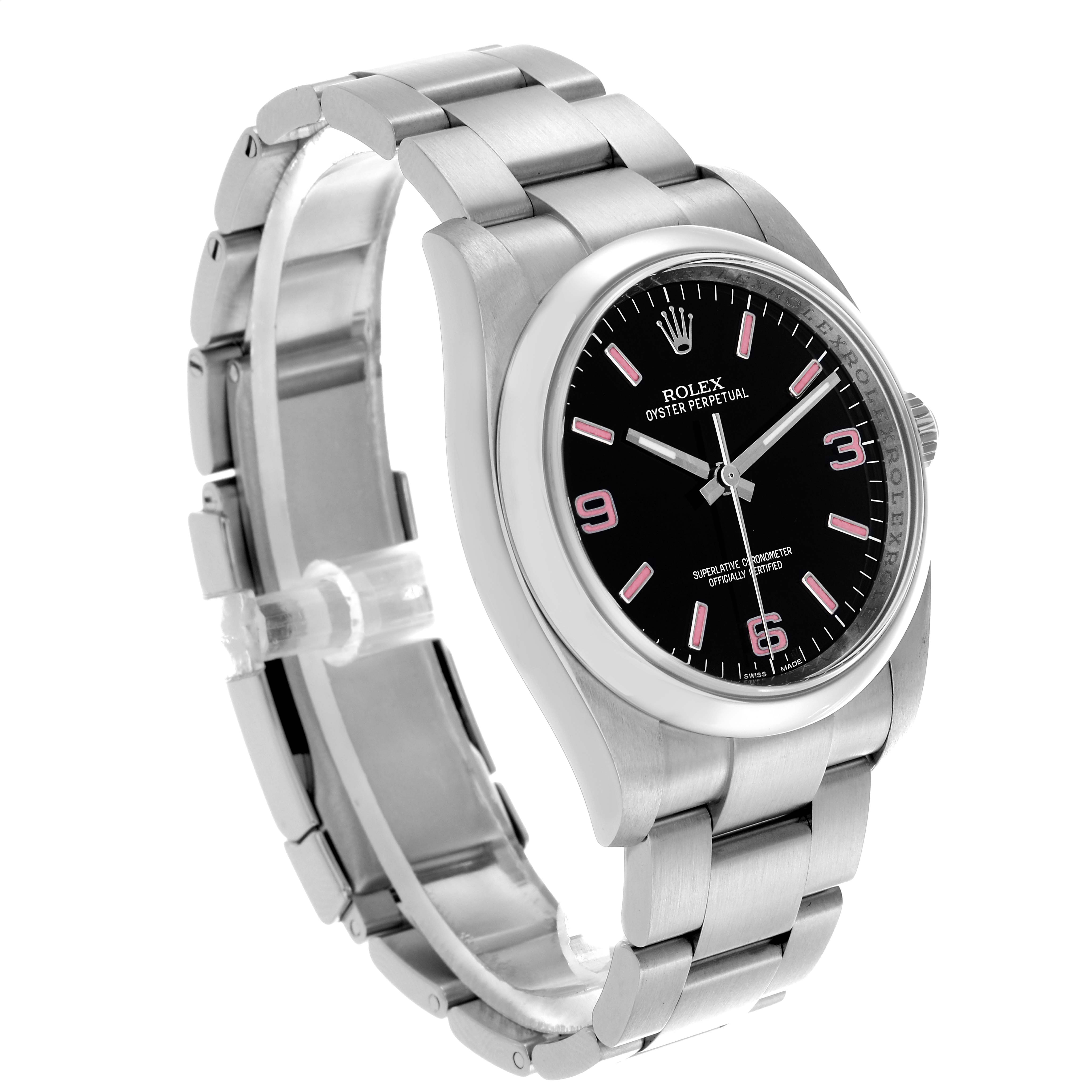 The Rolex Oyster Perpetual 116000 Men's Stainless Steel Black Dial 116000 Men's Stainless Steel Black Dial watch is shown at a three-quarter angle, displaying the face, bracelet, and case prominently.