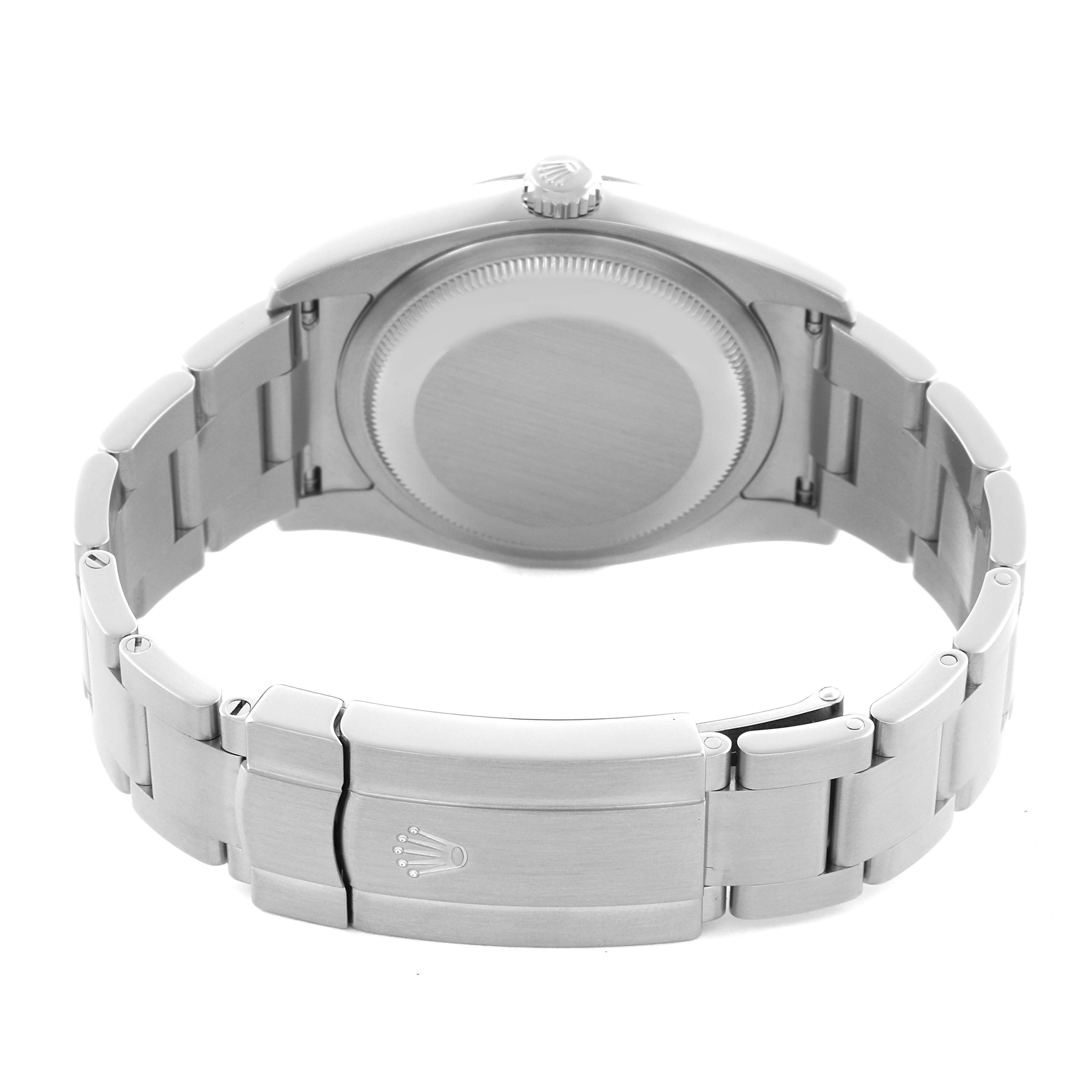 The image shows the back view of a Rolex Oyster Perpetual 116000 Men's Stainless Steel Black Dial 116000 Men's Stainless Steel Black Dial, highlighting the case back, bracelet, and clasp.