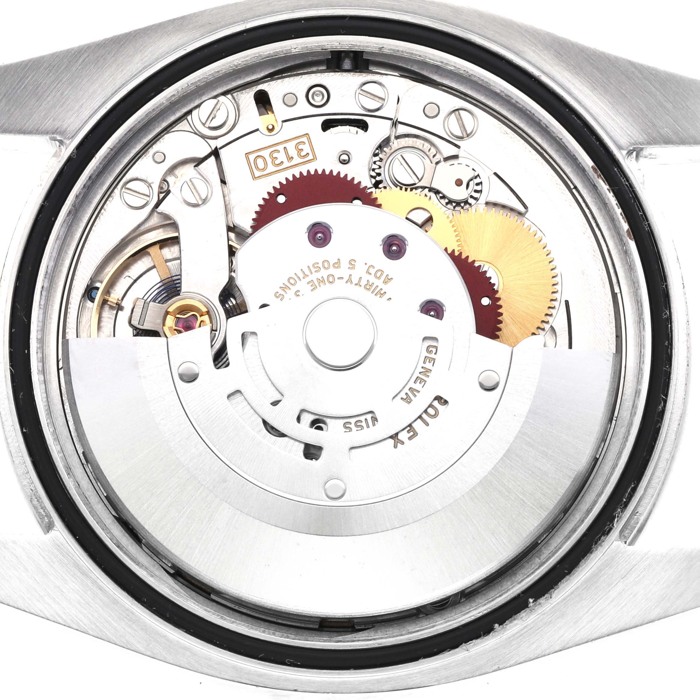 The image shows the back view of a Rolex Oyster Perpetual 116000 Men's Stainless Steel Black Dial 116000 Men's Stainless Steel Black Dial watch, revealing its intricate internal movement components.