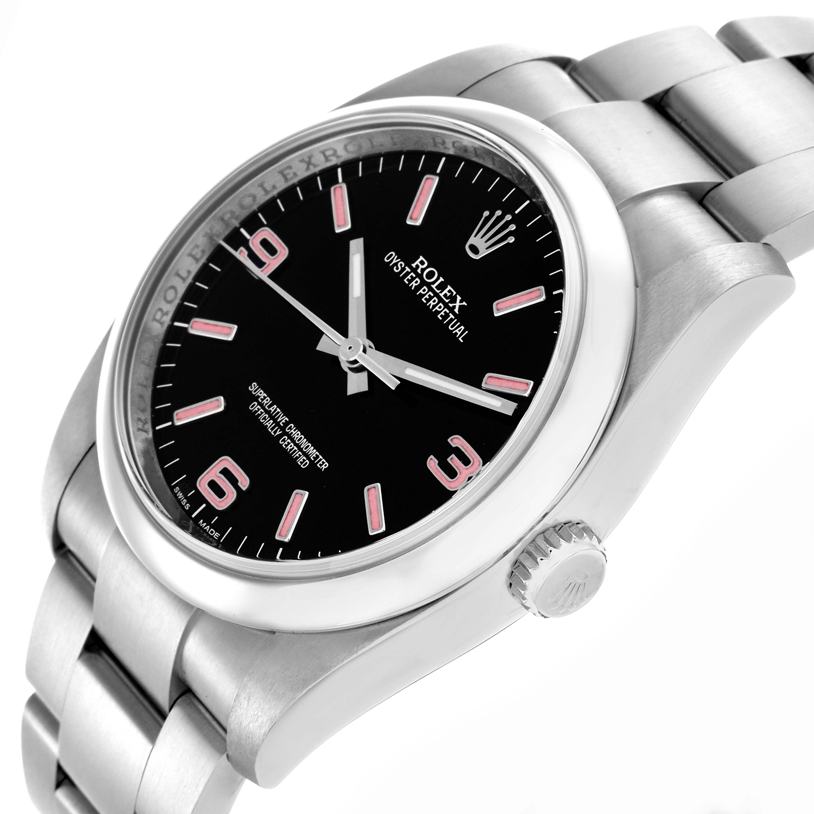 The Rolex Oyster Perpetual 116000 Men's Stainless Steel Black Dial 116000 Men's Stainless Steel Black Dial watch is shown at an angled side view, highlighting the dial, bezel, and bracelet links.