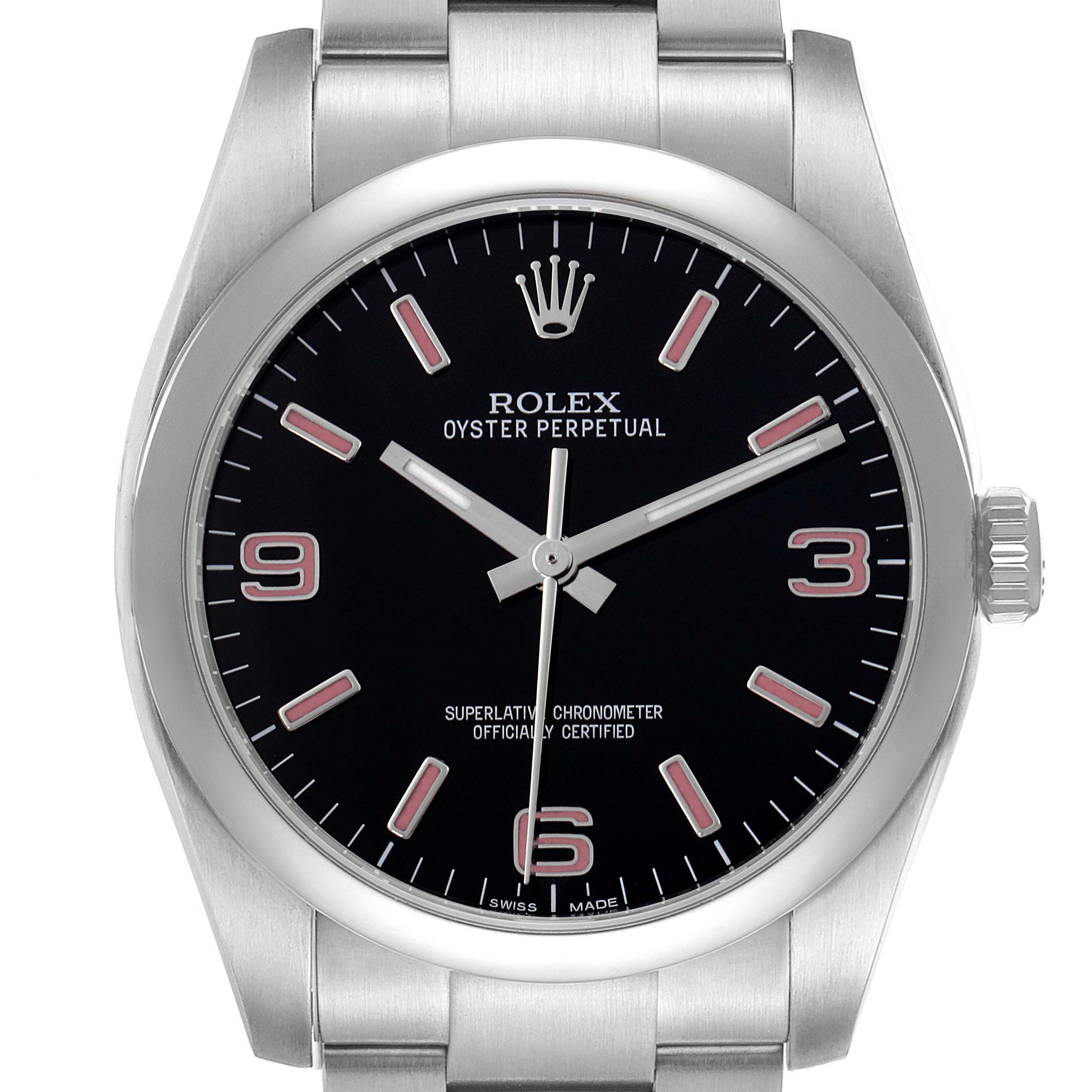 The Rolex Oyster Perpetual 116000 Men's Stainless Steel Black Dial 116000 Men's Stainless Steel Black Dial watch is shown from a front view, highlighting its black dial, silver indices, and part of the bracelet.