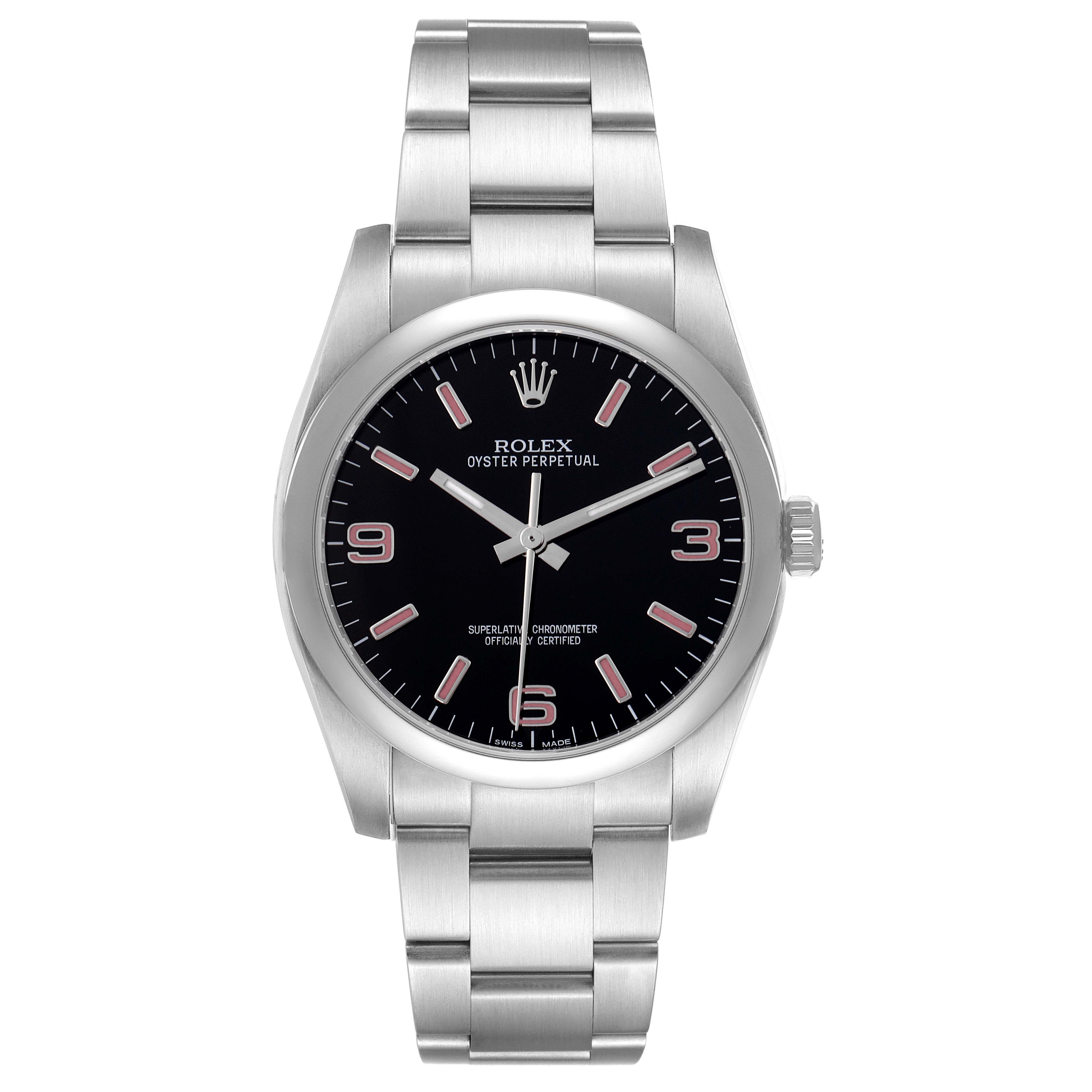 The Rolex Oyster Perpetual 116000 Men's Stainless Steel Black Dial 116000 Men's Stainless Steel Black Dial watch is shown from a front view, featuring its dial, bracelet, and bezel.