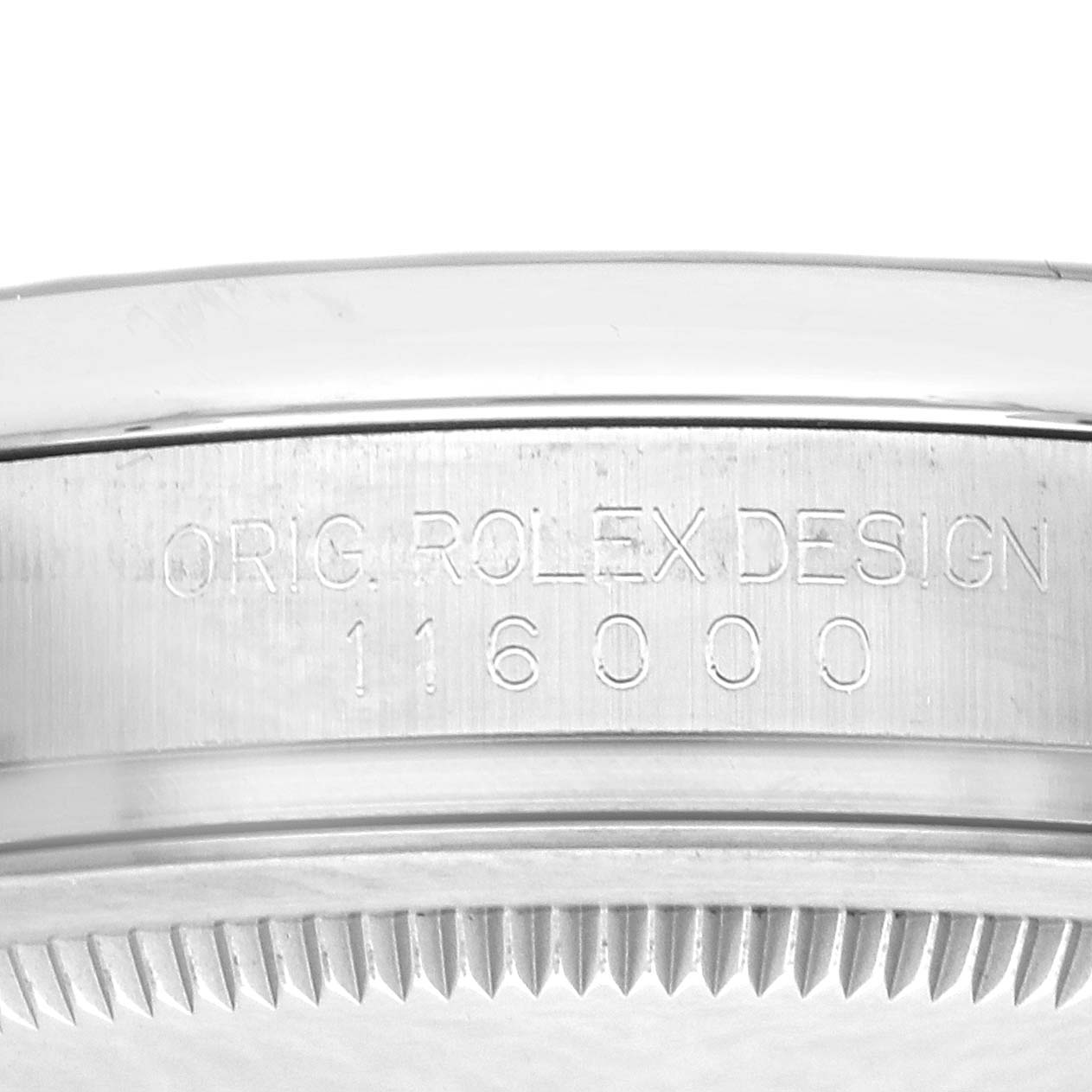 The image shows a close-up of the case side and bezel of a Rolex Oyster Perpetual 116000 Men's Stainless Steel Black Dial 116000 Men's Stainless Steel Black Dial, displaying the model number engraving.