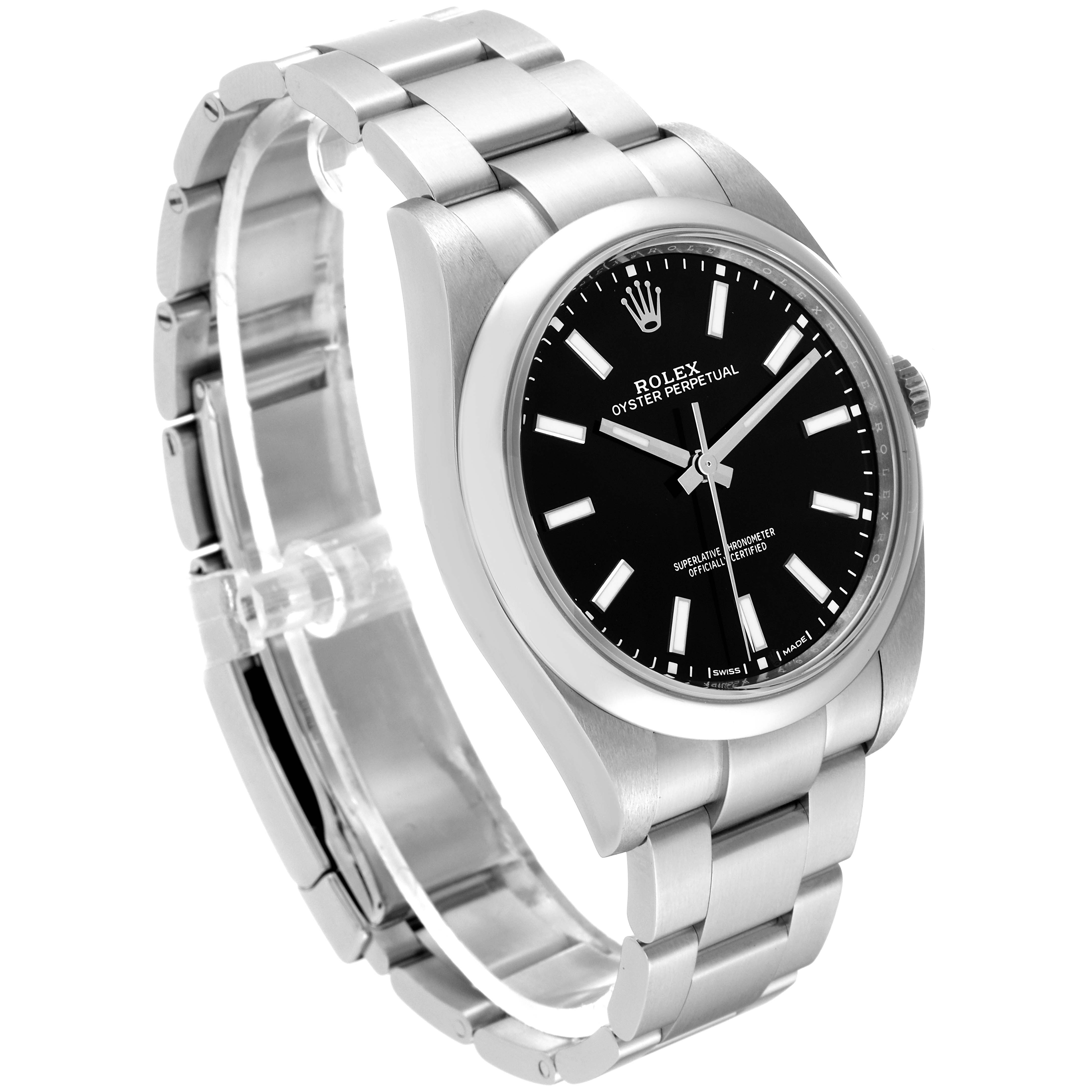 The Rolex Oyster Perpetual 114300 Men
s Stainless Steel Black Dial 114300 Men
s Stainless Steel Black Dial watch is shown at a three-quarter angle, displaying the black dial, stainless steel bracelet, and case.