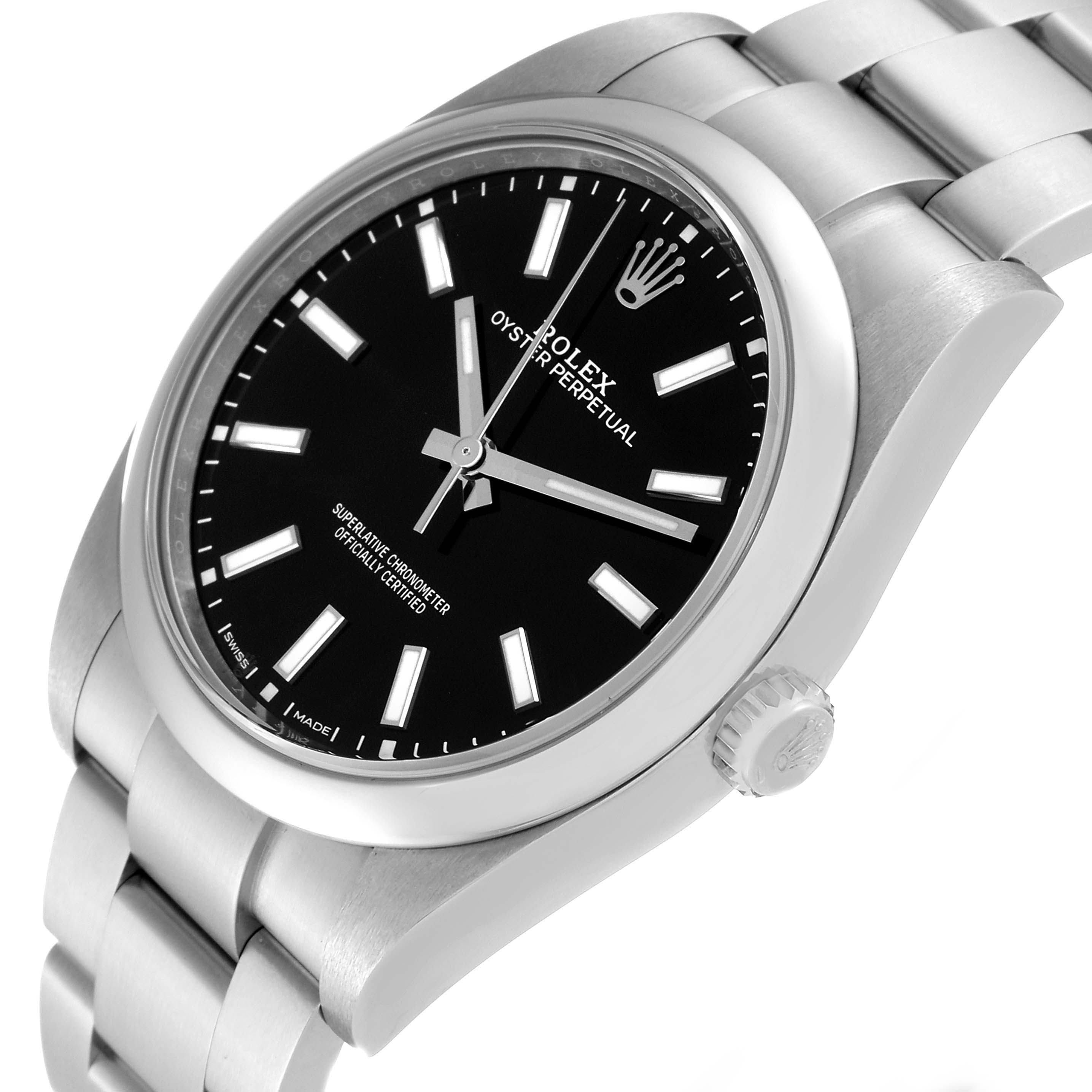 This image shows a Rolex Oyster Perpetual 114300 Men
s Stainless Steel Black Dial 114300 Men
s Stainless Steel Black Dial watch at an angle displaying the dial, bezel, bracelet, and crown.
