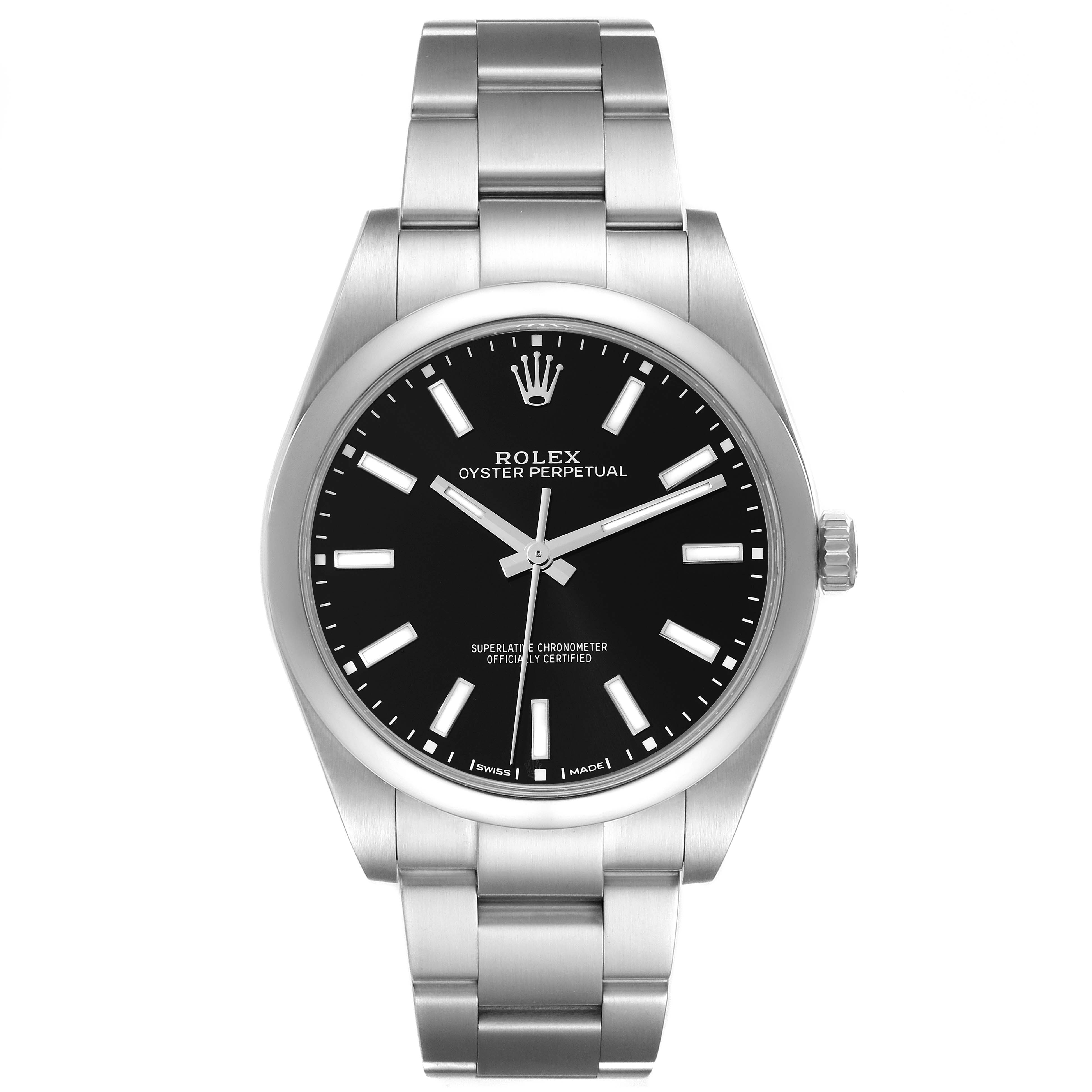 The image shows a front view of the Rolex Oyster Perpetual 114300 Men
s Stainless Steel Black Dial 114300 Men
s Stainless Steel Black Dial watch featuring its face, hands, and bracelet.