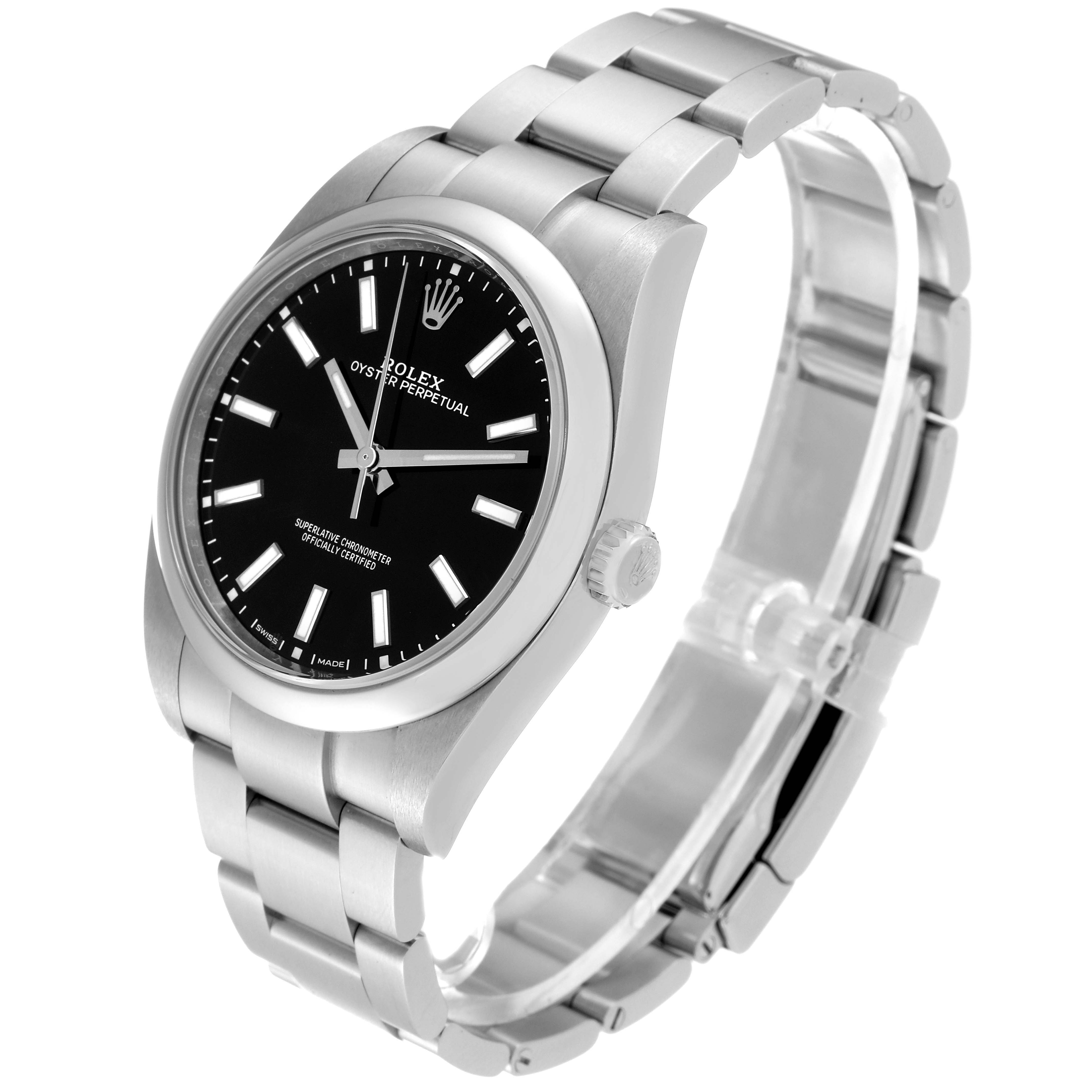 The image shows a Rolex Oyster Perpetual 114300 Men
s Stainless Steel Black Dial 114300 Men
s Stainless Steel Black Dial watch from a three-quarter angle, highlighting its black dial, crown, and stainless steel bracelet.