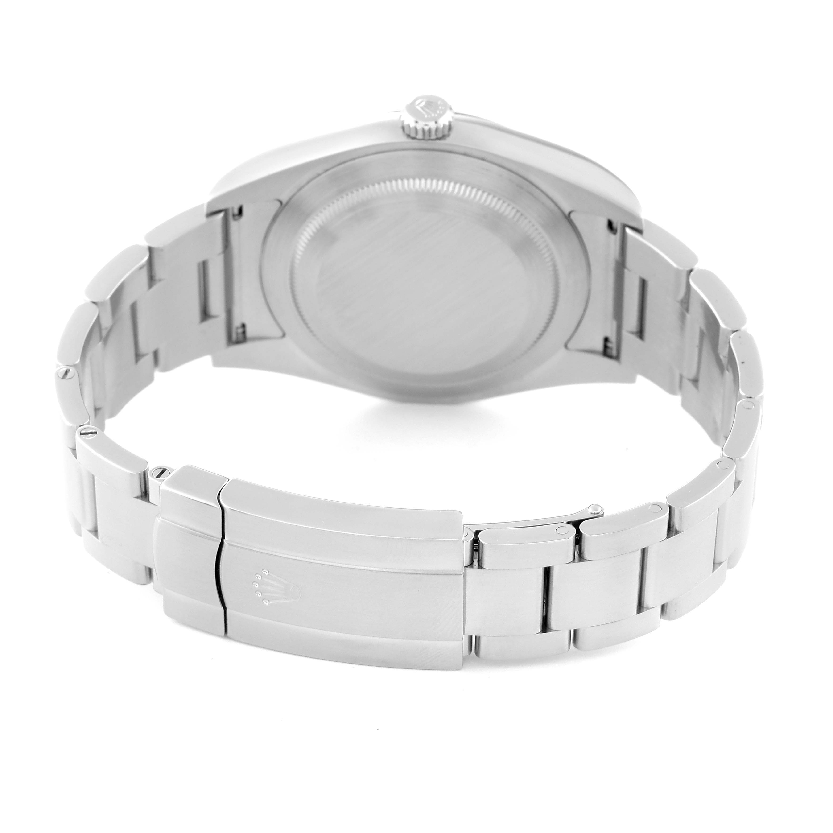 This image shows the back case and bracelet of a Rolex Oyster Perpetual 114300 Men
s Stainless Steel Black Dial 114300 Men
s Stainless Steel Black Dial watch from a rear angle.