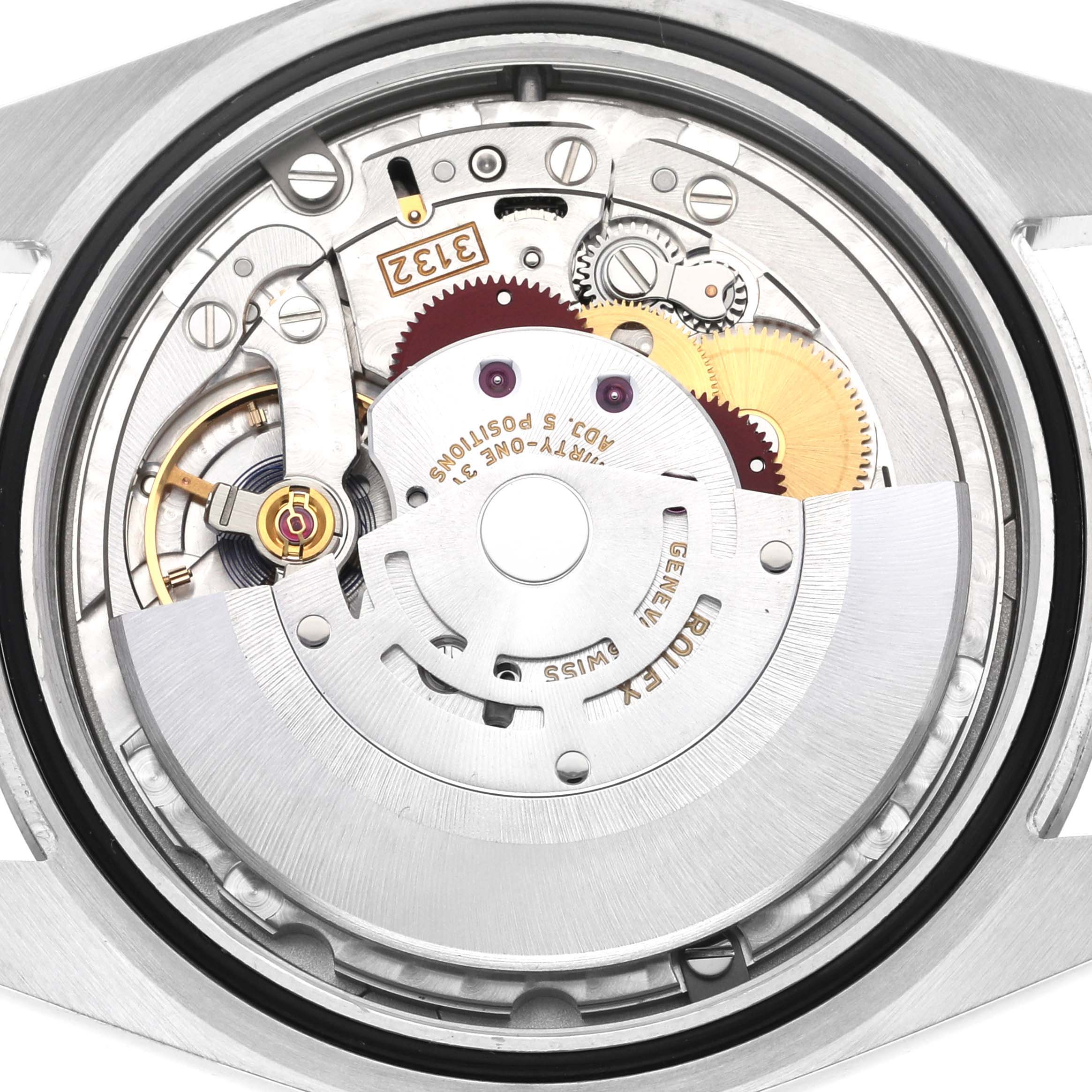 This image shows the movement and internal components of the Rolex Oyster Perpetual 114300 Men
s Stainless Steel Black Dial 114300 Men
s Stainless Steel Black Dial watch from a close-up, top-down angle.